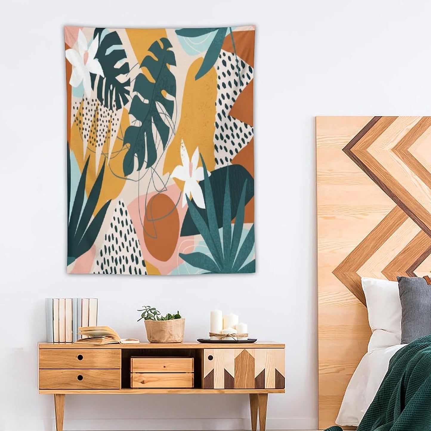 Abstract Bohemian Mid Century Tapestry, Tropical Leaves Modern Geometric Archway Minimalist Bohemian Botanical Aesthetic Wall Hanging, Sage Green Gold Home Decor Art for Bedroom 50x60 Inch