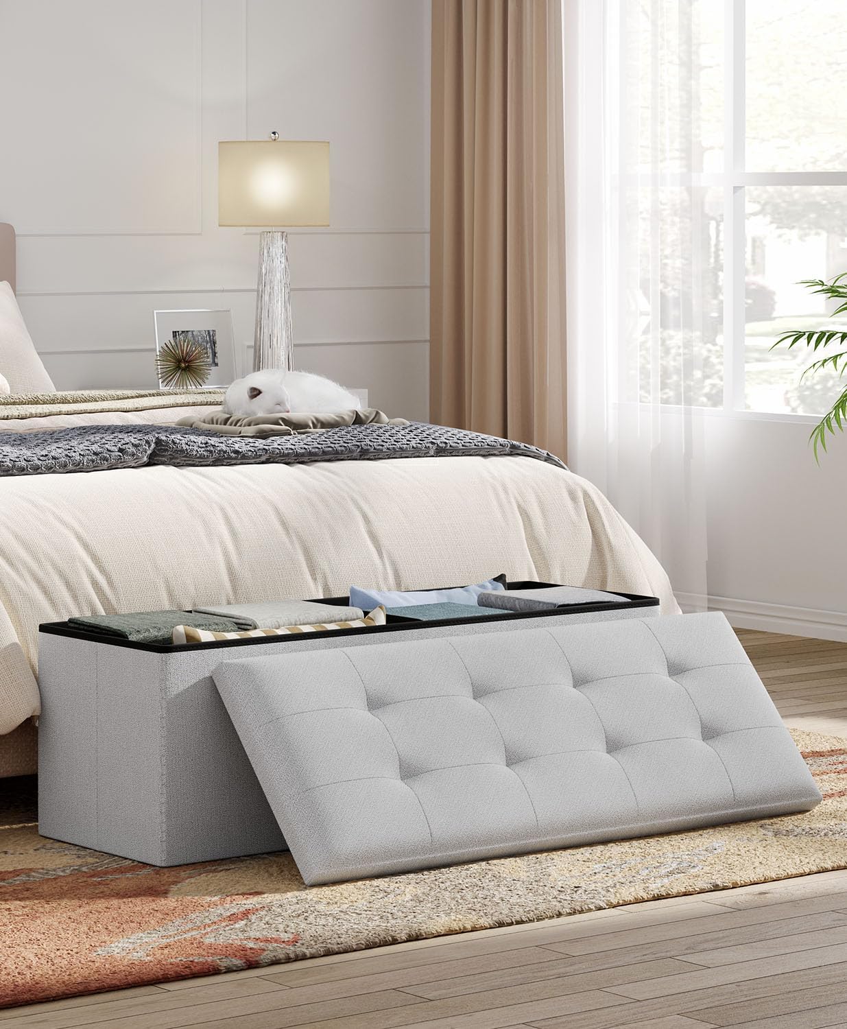 Storage Ottoman Bench, Folding Ottoman Foot Rest, End of Bed Bench,Storage Chest, for Living Room, Bedroom, Hallway, Entryway, Holds up to 700 lb (Light GREY1, 43")