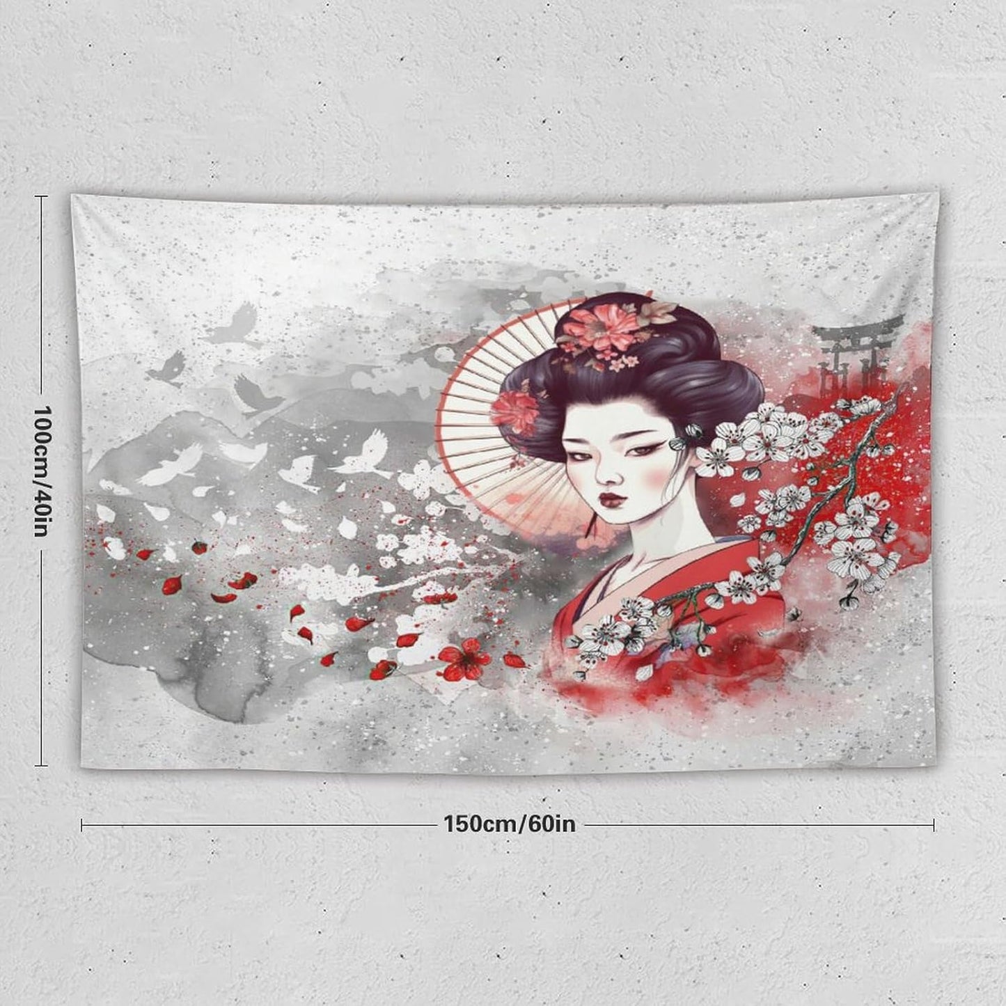 Japanese Geisha Tapestry Asian Red Cherry Blossom Traditional Kimono Folk Tapestries Home Decor for Living Room Bedroom Apartment Farmhouse Dorm 60"x40"