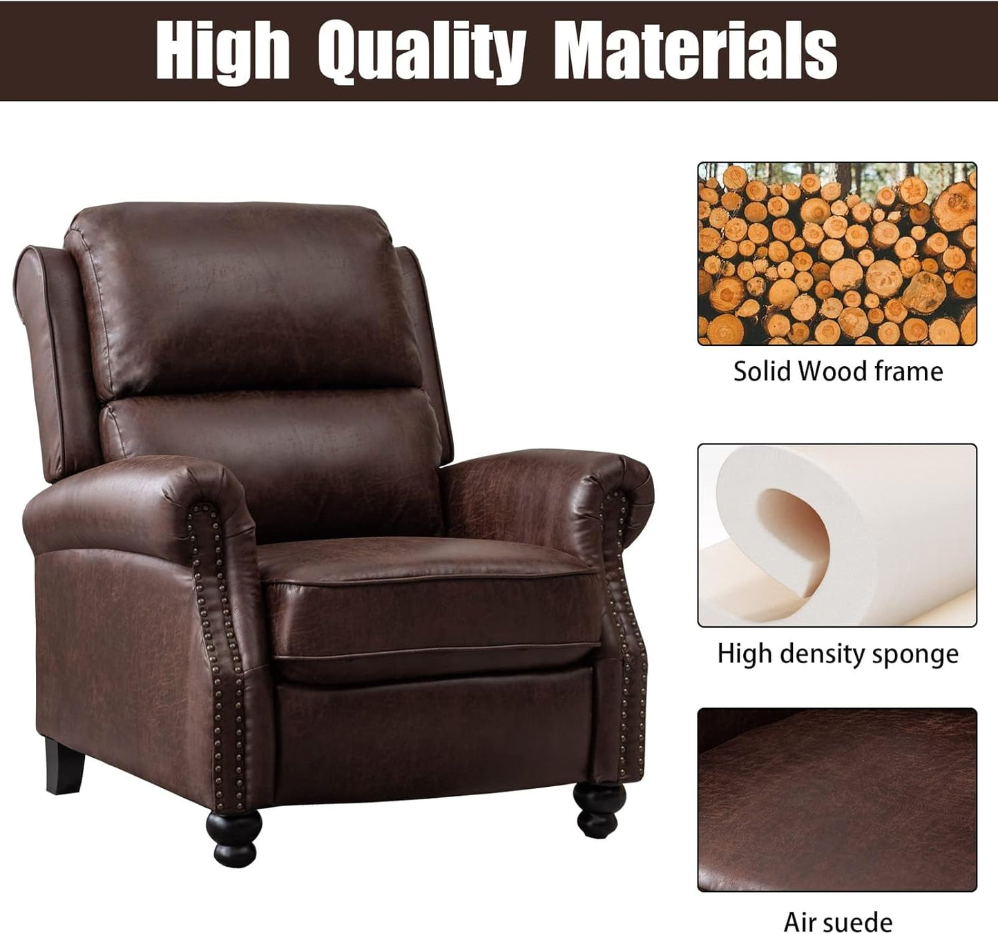 CANMOV Pushback Recliner Chair Set of 2，Leather Armchair Push Back Recliner with Rivet Decoration Single Sofa Accent Chair for Living Room, Reddish Brown