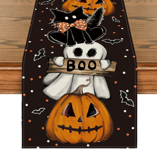 Artoid Mode Polka Dot Ghost Pumpkin Cat Boo Halloween Table Runner, Bat Seasonal Fall Kitchen Dining Table Decoration for Home Party Decor 13x120 Inch