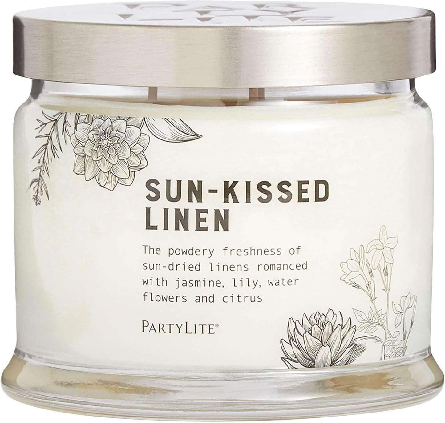 PartyLite Sun-Kissed Linen Scented, Notes of Jasmine Musk, Lily & Citrus, 13.2oz 3-Wick Jar Candle, 45 Hour Burn Time, Luxurious Fragrance, Ideal for Gifting