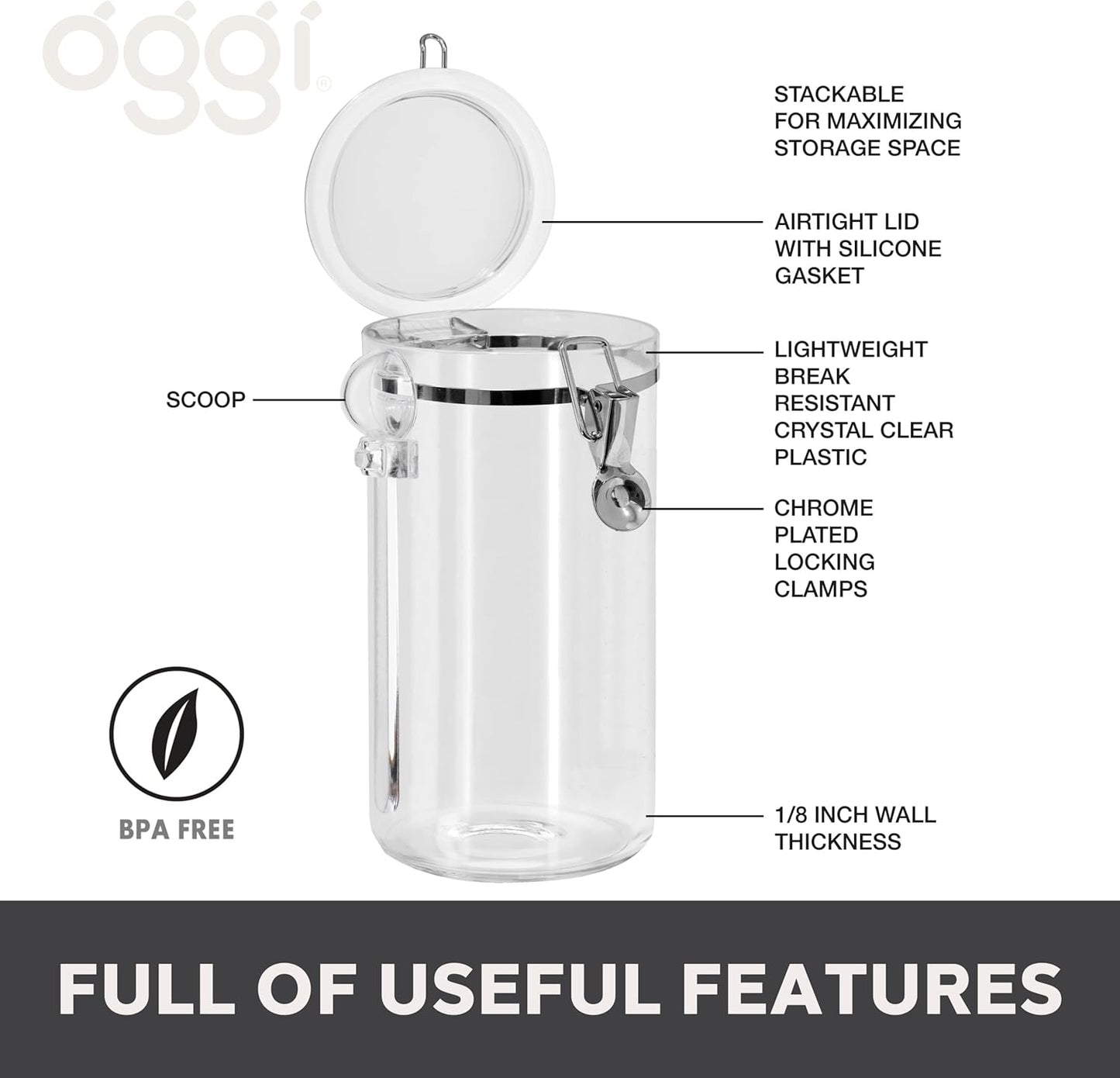 Oggi Clear Canister Airtight 72oz - Clamp Lid & Spoon - Airtight Food Storage Container, for Kitchen & Pantry Storage of Bulk, Dry Foods, Pasta, Flour, Sugar, Coffee, Rice, Tea, Spices & Herbs