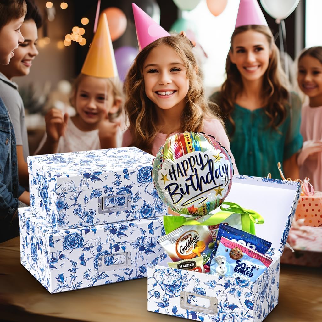 Briful Decorative Photo Storage Boxes with Lids, Set of 4 – Blue and White Porcelain Pattern, Nested Card Storage Box Organizer, Decorative Paperboard Box for Closet, Office, Gifts