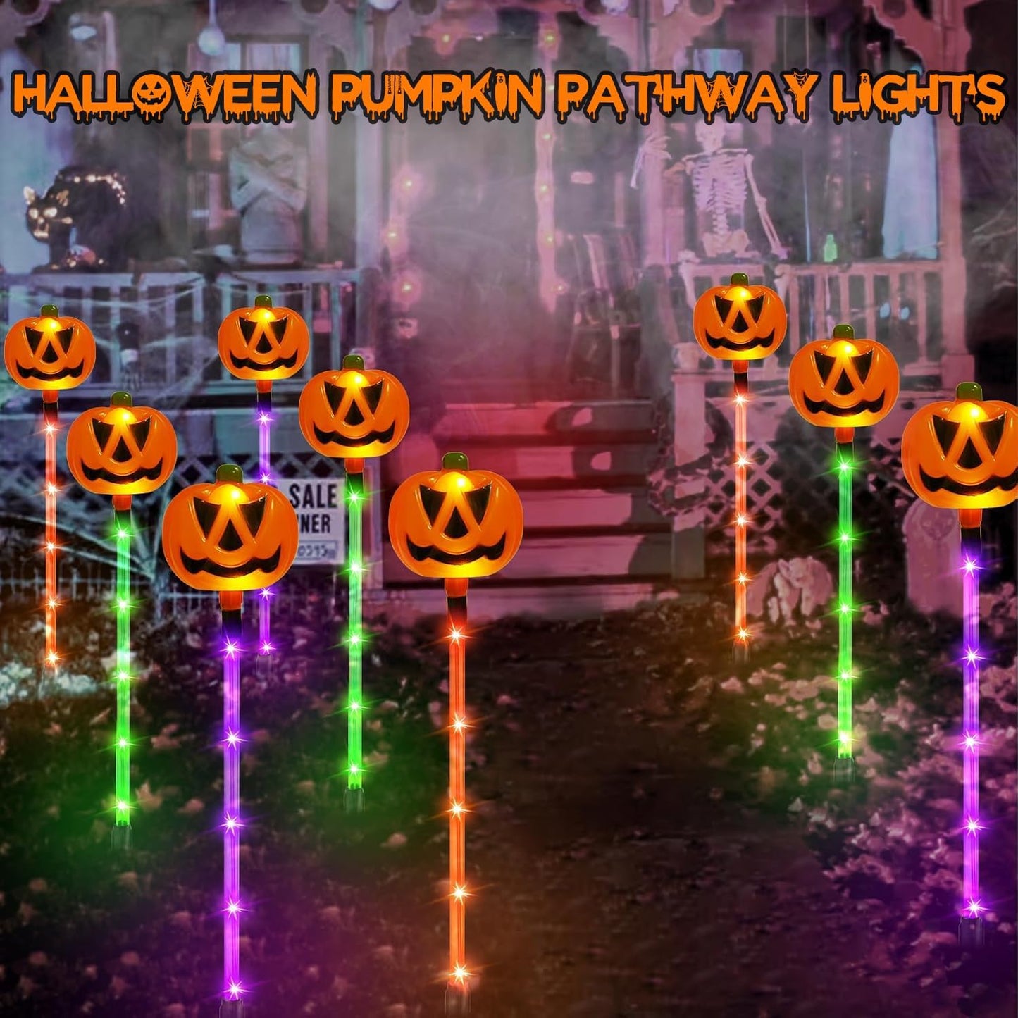12 Pack Solar Pumpkin Lights for Halloween Decorations Outdoor, Waterproof Halloween Pathway Lights with 8 Modes, Orange Purple and Green Halloween Walkway Stake Lights for Yard Garden Party Decor