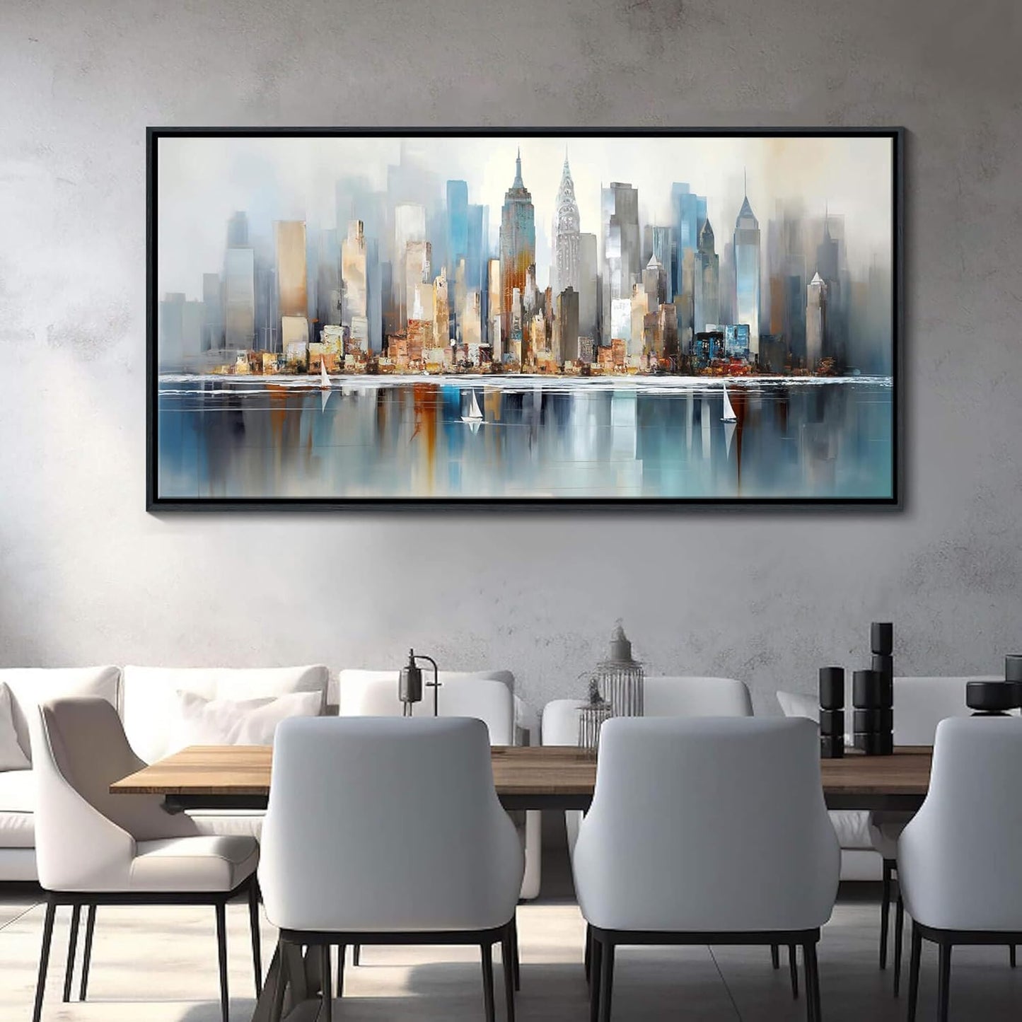 DUNHUANG ART New York City Skyline Abstract Art - Modern Manhattan City View Painting for Home Decor - Large Framed Cityscape Wall Art 20"x40"