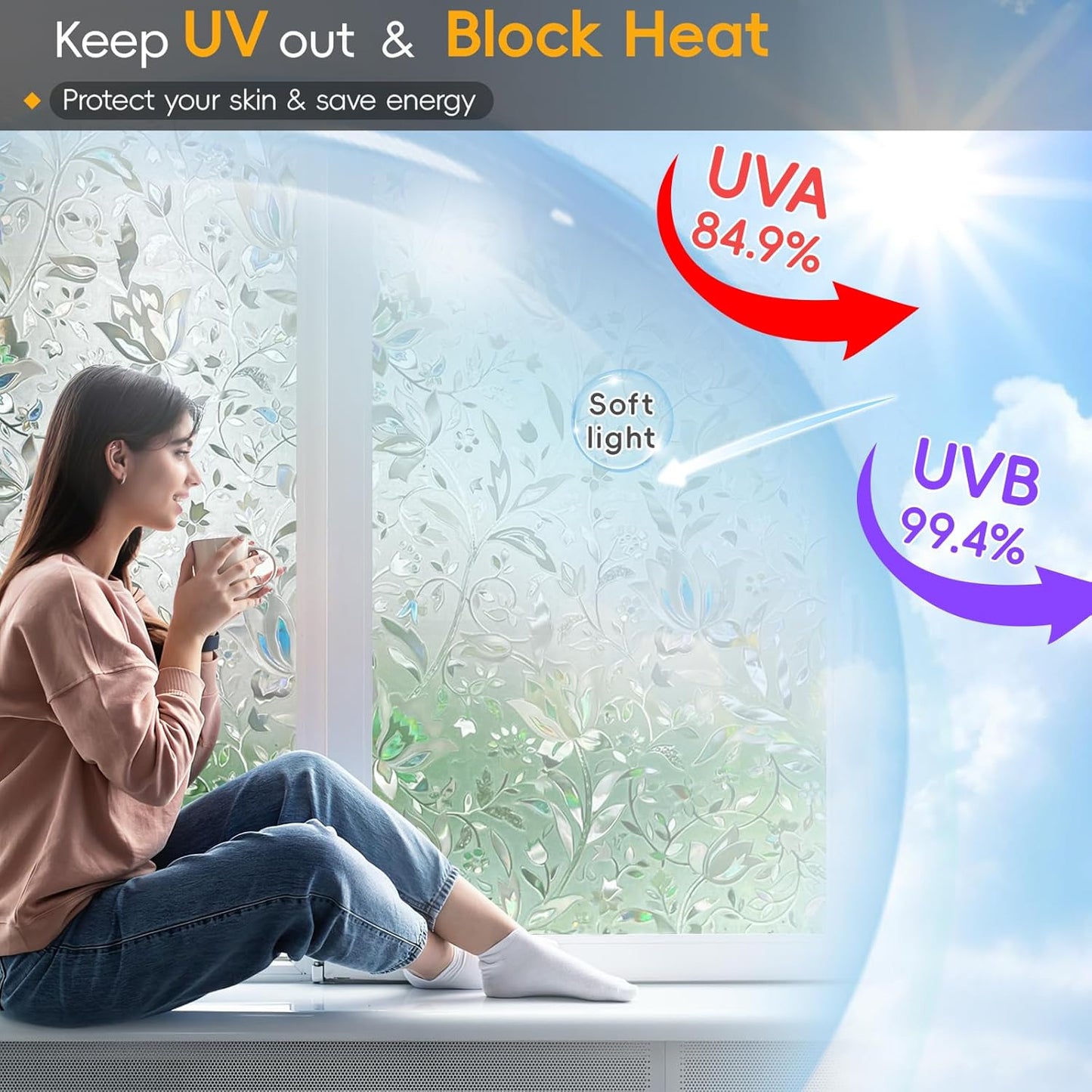 Rainbow Window Privacy Film Decorative, Stained Glass Window Tint for Home, 3D Decals Window Clings for Glass Windows, Static Cling Window Sticker, Suncatcher Window Cover,23.6" by 78.74"