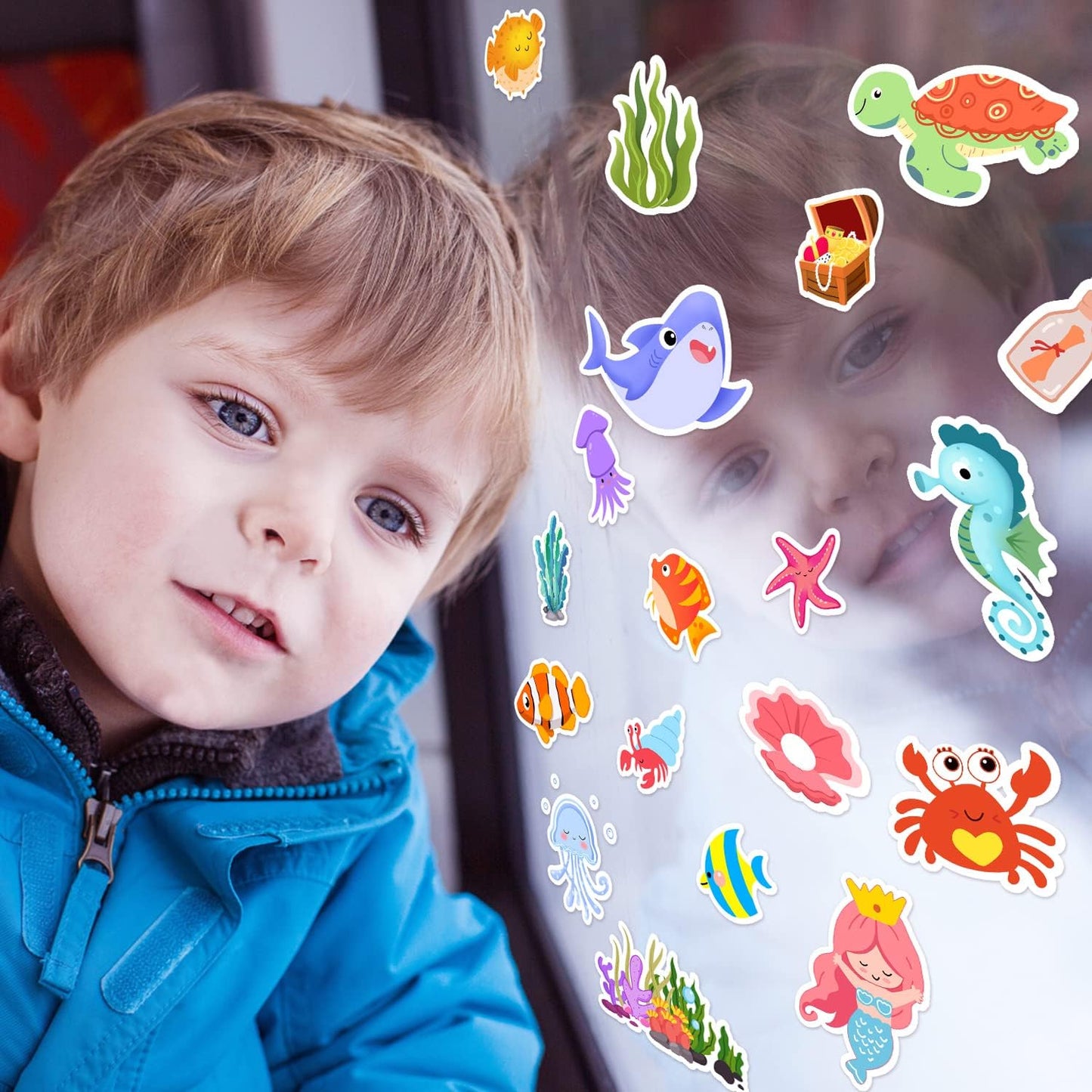 Sea Animals Gel Clings for Kids, 21PCS Thick Vinyl Decals, Cartoon Animal Stickers for Classroom, Home, Nursery, Airplane Birthday Party Supplies, Reusable, Water Resistant, Indoor Usage