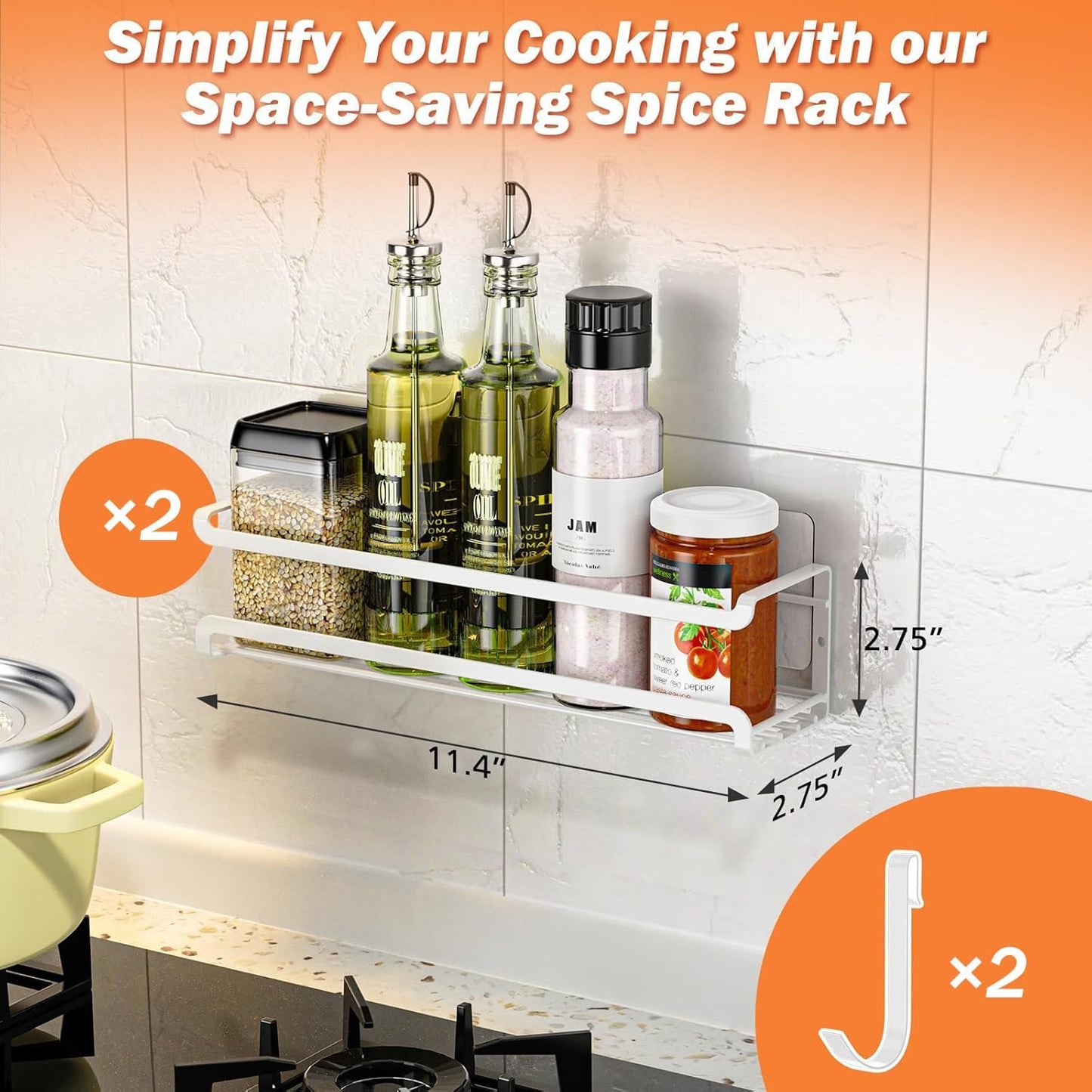 Spice Rack wall mounted 2 Pack, Space-Saving Spice Organizer for Spice Jars and Seasonings,Screw or Adhesive Hanging Spice Rack Organizer for Your Kitchen Cabinet,or Pantry Door,White