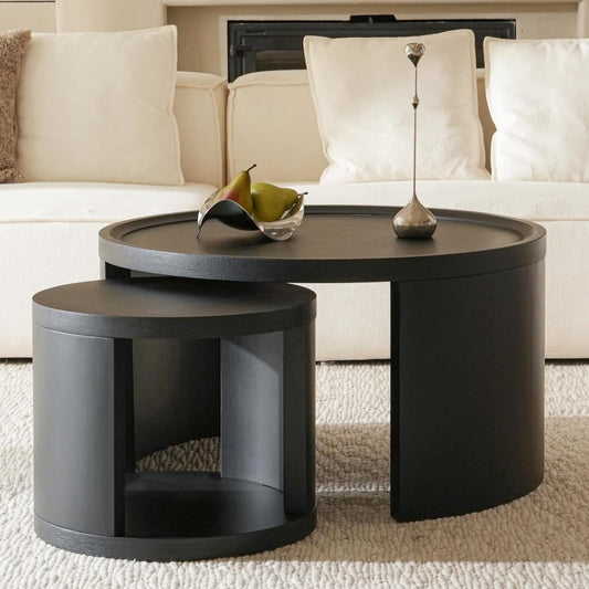 Round Nesting Coffee Table Set of 2,31.5" Large & 18" Small Low Tables with Wood Look Top,Space-Saving Side Tables for Living Room,Bedroom,Office,Minimalist Center Table Set (Black, L+S)