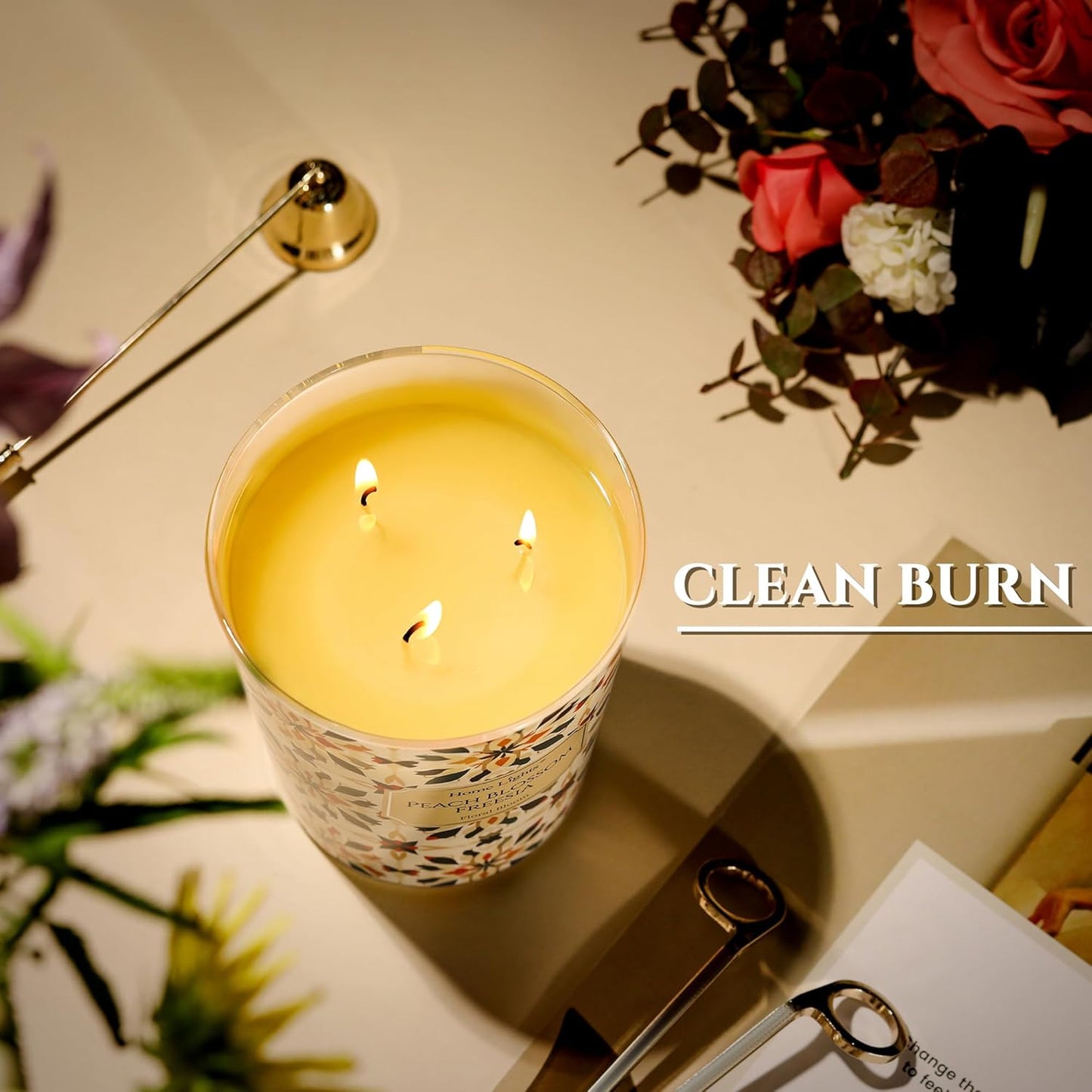 HomeLights 3-Wick Candles for Home Scented - 34oz Soy Wax Blend Candle Long-Lasting Fragrance, Bohemian Natural Textures Home Decor and Housewarming Gifts, Peach Blossom Freesia