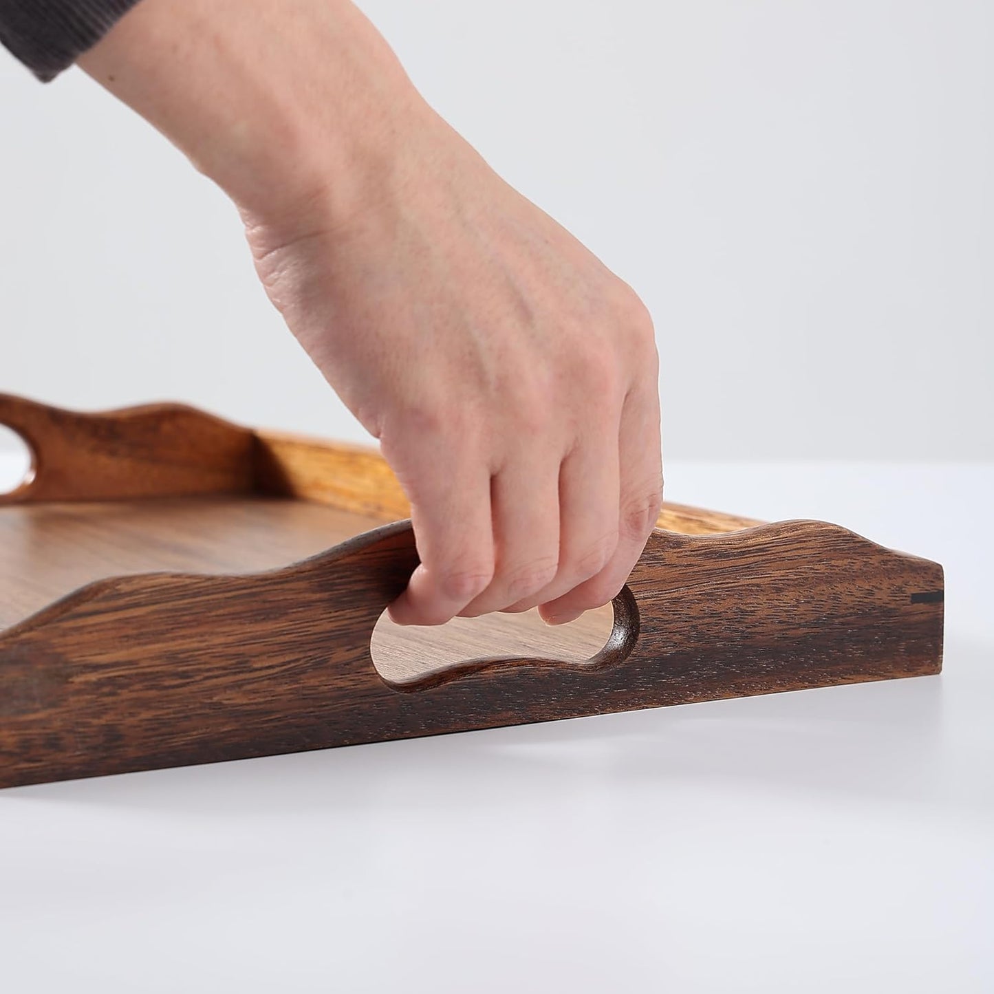 Nature Walnut Wooden Serving Tray with Handles, Solid Wood Food Tray for Coffee, Breakfast, Dinner, Ottoman,16.6x11.8x2.4 inches