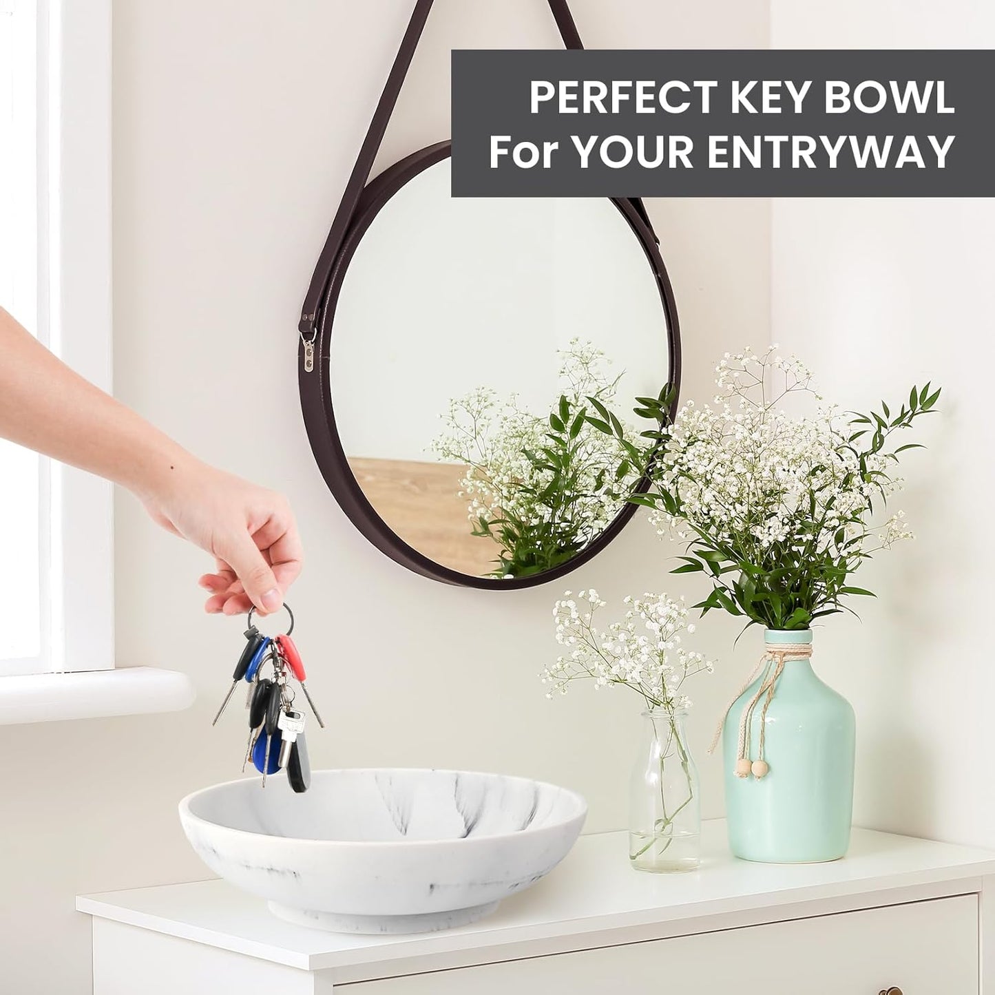 Large Decorative Bowl,Modern Fruit Bowl for Kitchen Counter,Handicraft Decorative Bowls for Home Decor,Stylish Key Bowl for Entry Table,Artificial White Marble