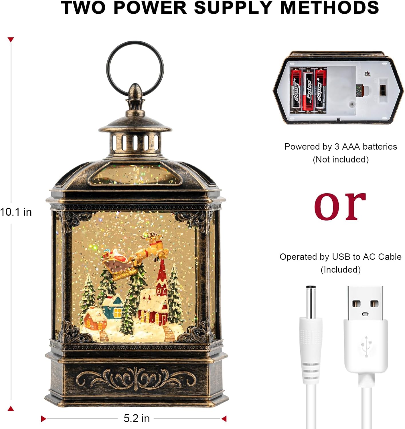 Christmas Snow Globe Swirling Glittering Lantern Santa Flying with Reindeer, USB Lined/Battery Operated Lighted Water Lantern for Christmas Festival Decoration Gifts