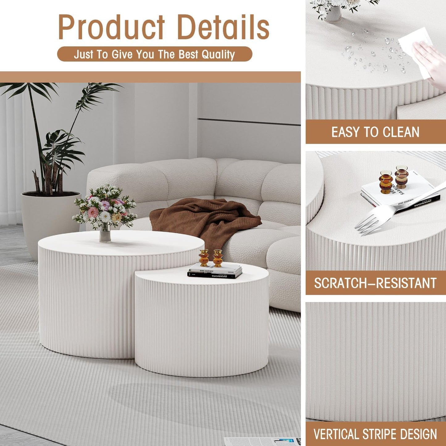 WXFKLDJ Round Nesting Coffee Table Set Cylindrical Wooden Coffee Table Sofa Center Table Circle Embossed Design Side Table for Living Room Apartment No Assembly (C-Shaped Small)