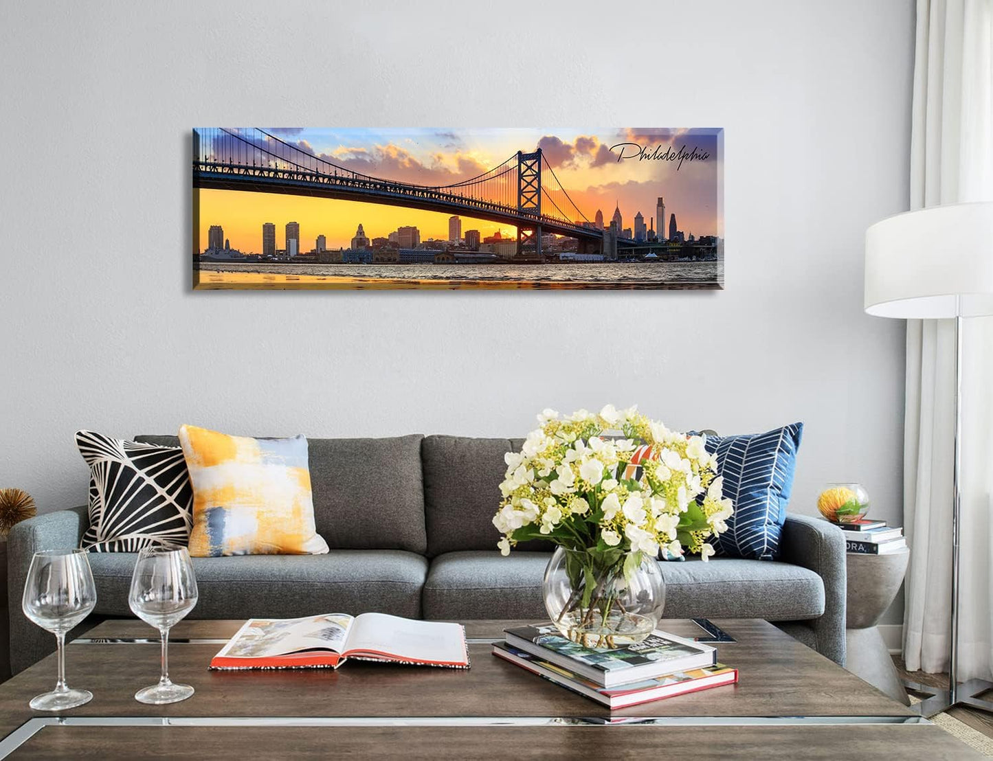 Philadelphia Skyline Wall Art Cityscape Living Room Decor Panorama Pictures City Building House Poster Canvas Print Bridge Sunset Scenery Office Bedroom Decorations Framed 13.8"x45.3"