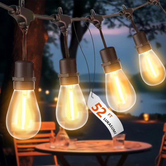 52 Ft LED Outdoor String Lights, Connectable Patio Hanging Light with 15Pcs Waterproof Vintage Edison Bulbs for Backyard Light, Bistro Lights Camping Outdoor Lighting