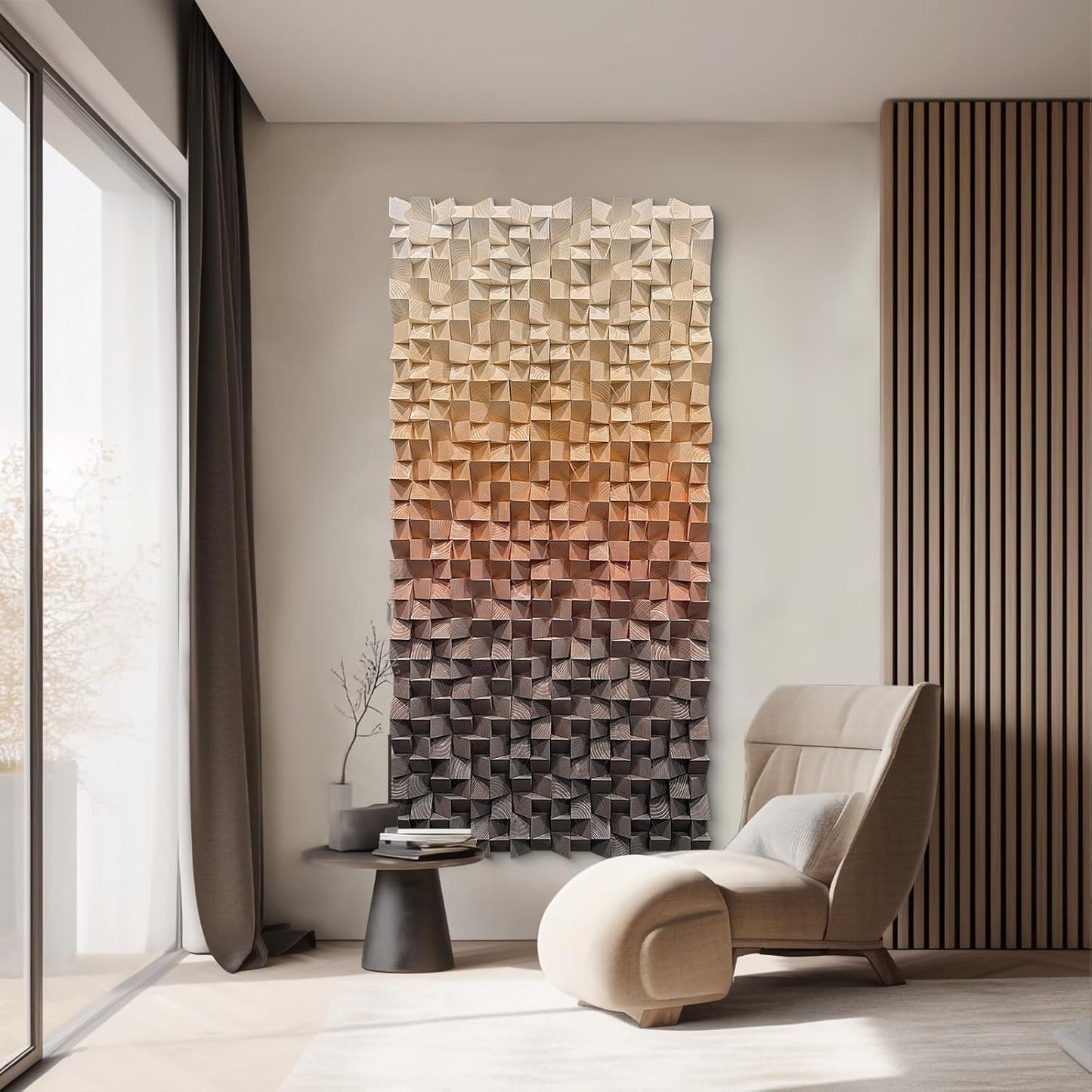 LIUZEYUE - 3D wooden block painting gradient coffee white art background wall wooden block abstract geometric wall decoration living room/bedroom/office modern minimalist style decoration 27.5"x55.1"