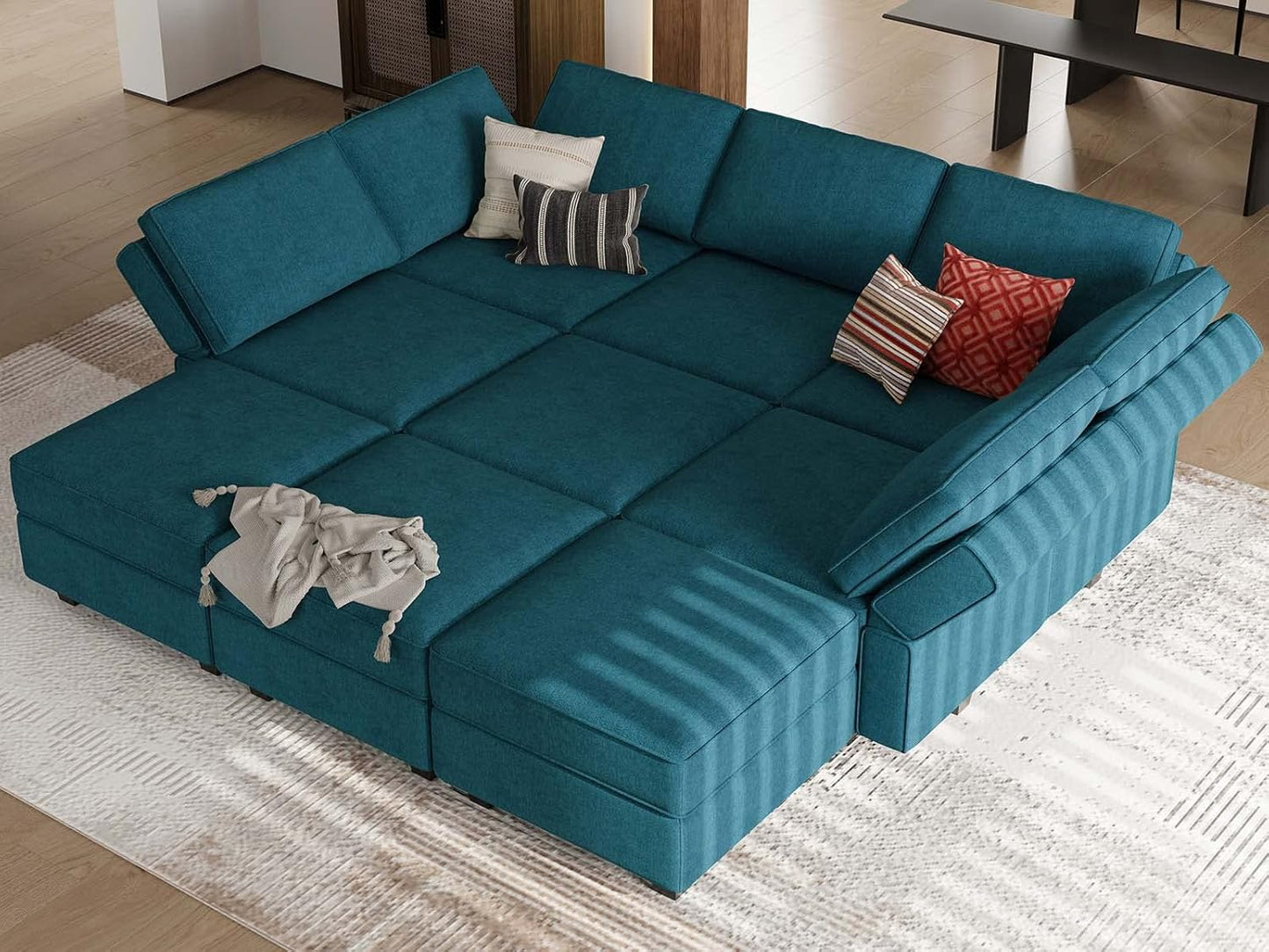 Belffin Modular Sectional Sleeper Sofa Couch with Storage Ottoman Convertible Sectional Couches for Living Room Terry Reversible Chaise. Peacock Blue Sofa