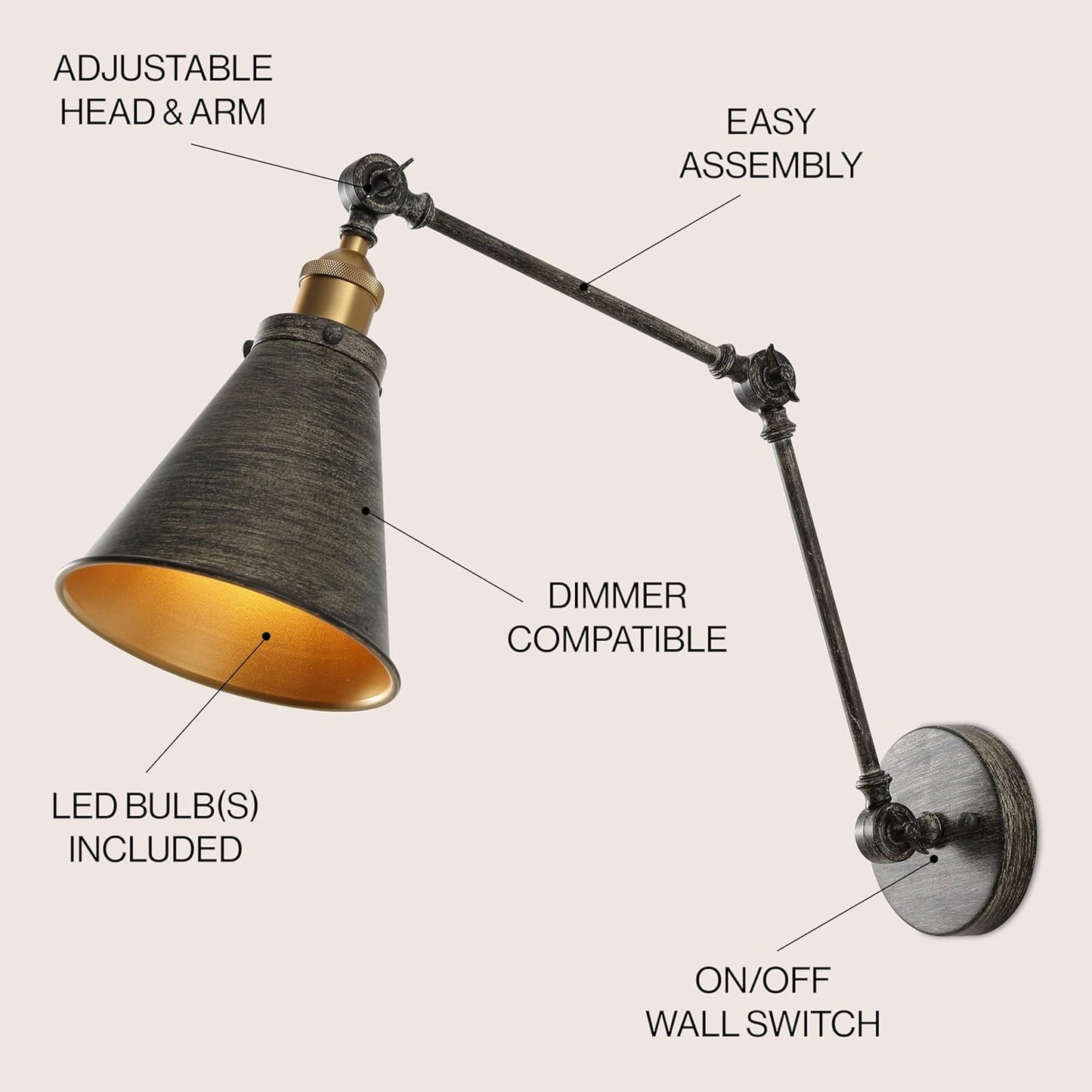 JONATHAN Y JYL7462D Rover 7" Classic Industrial Metal Adjustable Arm LED Wall Sconce, Rustic Dark Gray/Brass Gold for Bedroom, Bathroom, Vanity