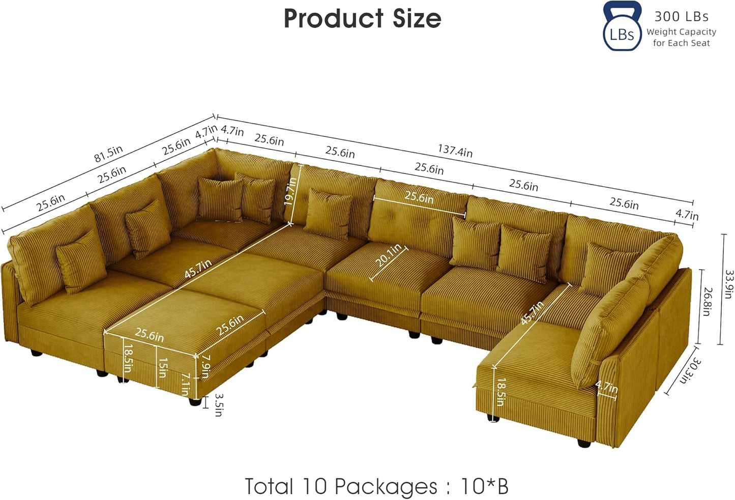 LLappuil Modular Sectional Sofa with Storage Seats, Corduroy Convertible Modular U Shaped Sectional Couch for Living Room, 10 Seat Oversized Sofa with 10 Back Cushion 10 Throw Pillow, Yellow