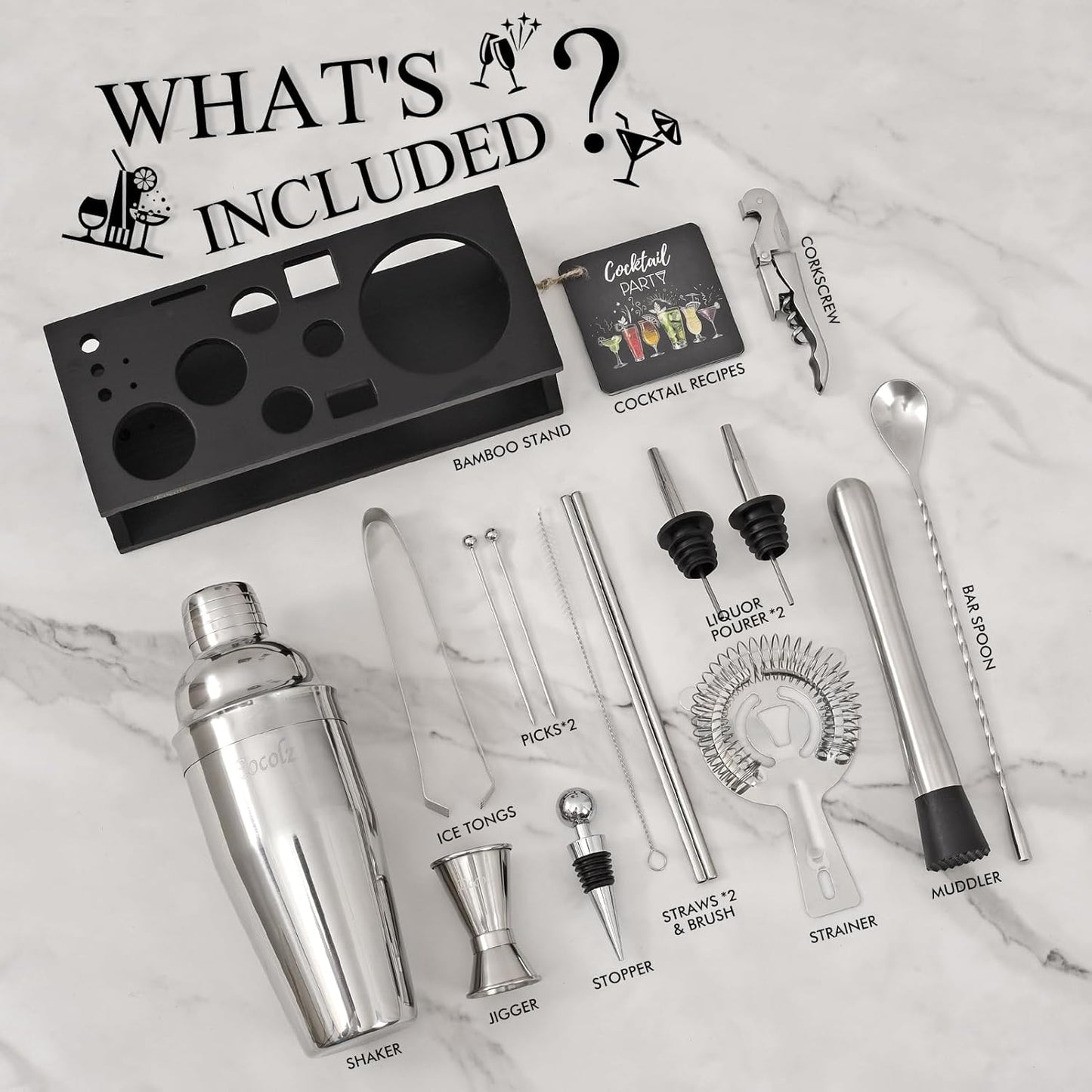 Bartender Kit Cocktail Shaker Set with Stand 17-Piece Bar Tool Bar Set for Drink Mixing Home Bartending Kit Bar Cart Accessories: Martini Shaker, Mixer Spoon, Jigger, Muddler, Strainer & Recipes Gifts