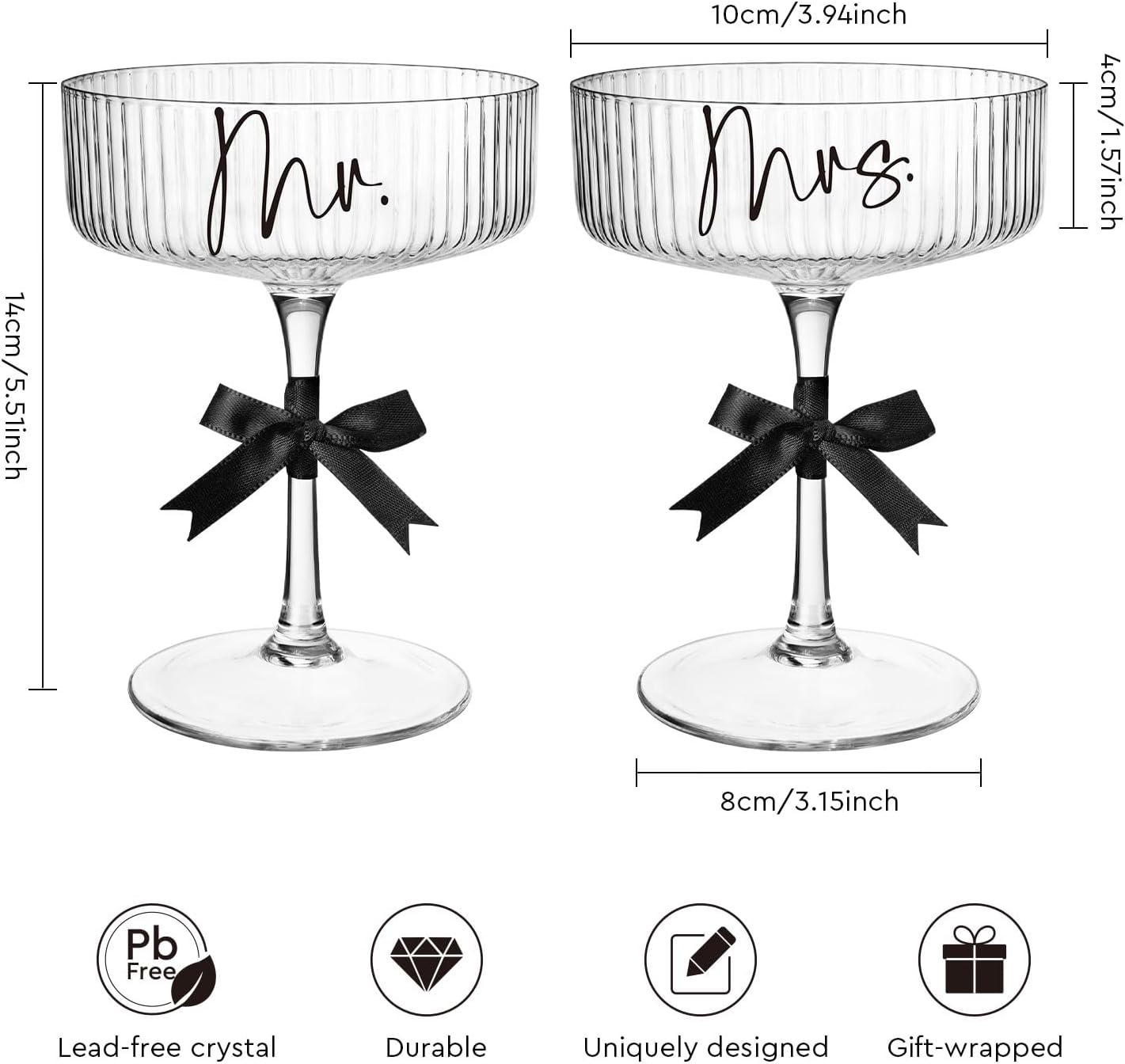 Ribbed Coupe Glasses for Anniversary Engagement Wedding Bridal Shower Gifts for Couple, Crystal Martini Glasses Set of 2, 10 Oz Vintage Wedding Mr and Mrs Champagne Flutes, Margarita Cocktail Glasses
