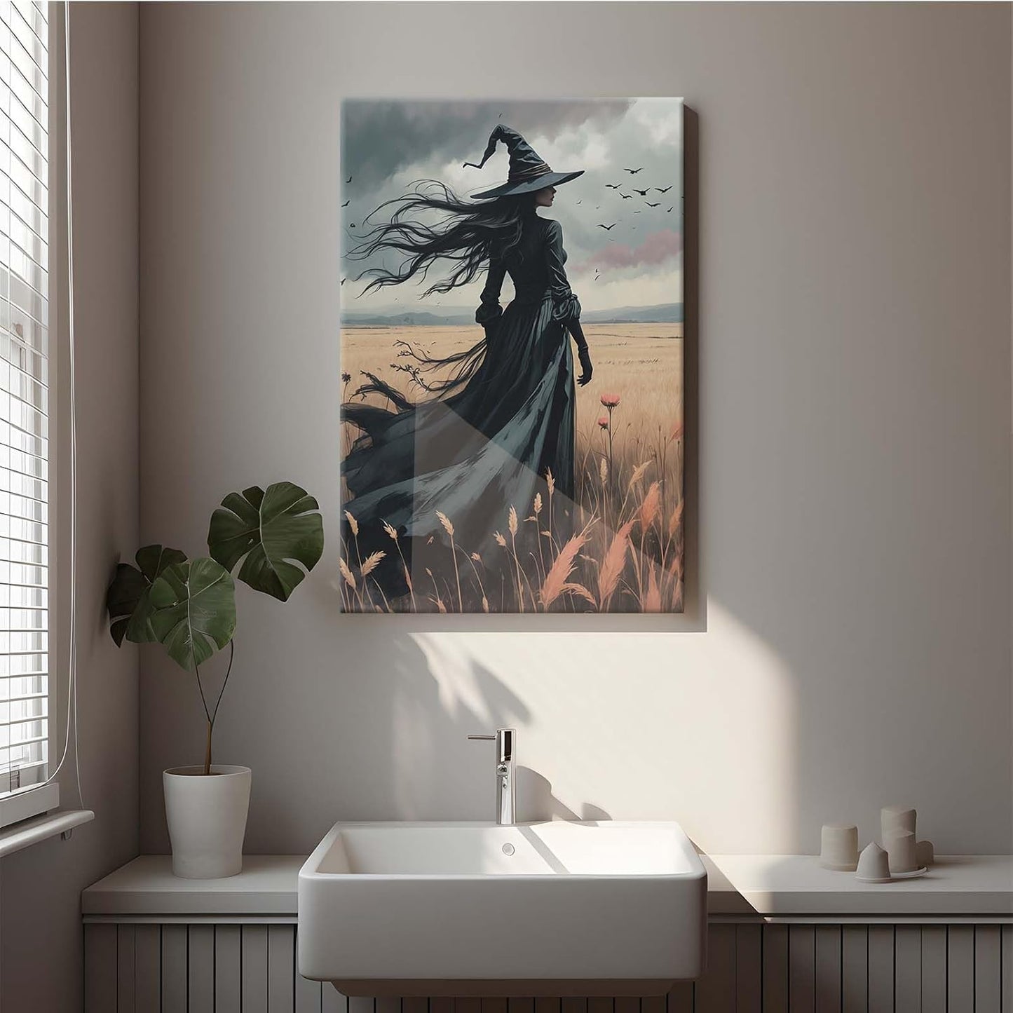 Gothic Decor Canvas Wall Art Witch in Rice Field Halloween Art Decor Print Nature Print Victorian Home Bedroom8x12in Wood Framed