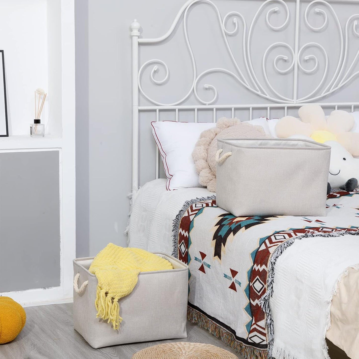 Bidtakay Large Fabric Storage Bins Beige Linen Closet Organizers Set of 2 Baskets for Shelves Clothes Bedroom 16x11.8x11.8 Inch Foldable Organization Baskets for Towels Blankets Storage Dog Toys