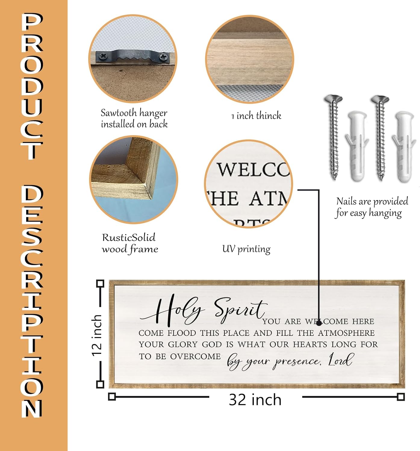 Holy Spirit You are Welcome Here Wall Decor Art 32x12 Inch Large Christian Song Bible Verse Plaque Wood Framed Sign Living Room Scripture Quote Religious For Office Wall Hanging (Wood)