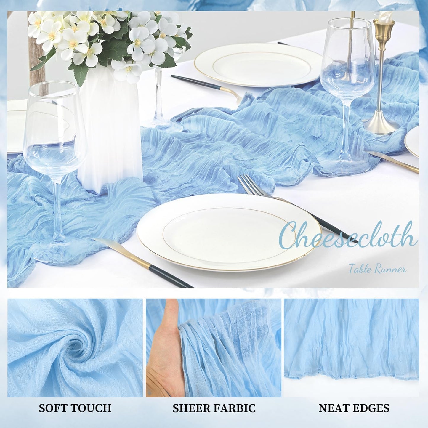 20 Pack Baby Blue Cheesecloth Table Runner 20 x 120 Inch Long Rustic Gauze Cheese Cloth Table Runner for Wedding 10FT Bridal Baby Shower Table Decorations Boho Fabric Sheer Birthday Party Table Decor