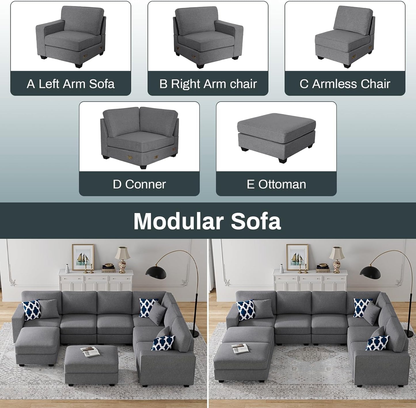L Lengend Vansen Modular Sectional Sofa U Shaped Couch with Ottoman Modern Reversible Corner Sectional Couch for Living Room (Dark Grey, U Shaped Sofa-3)