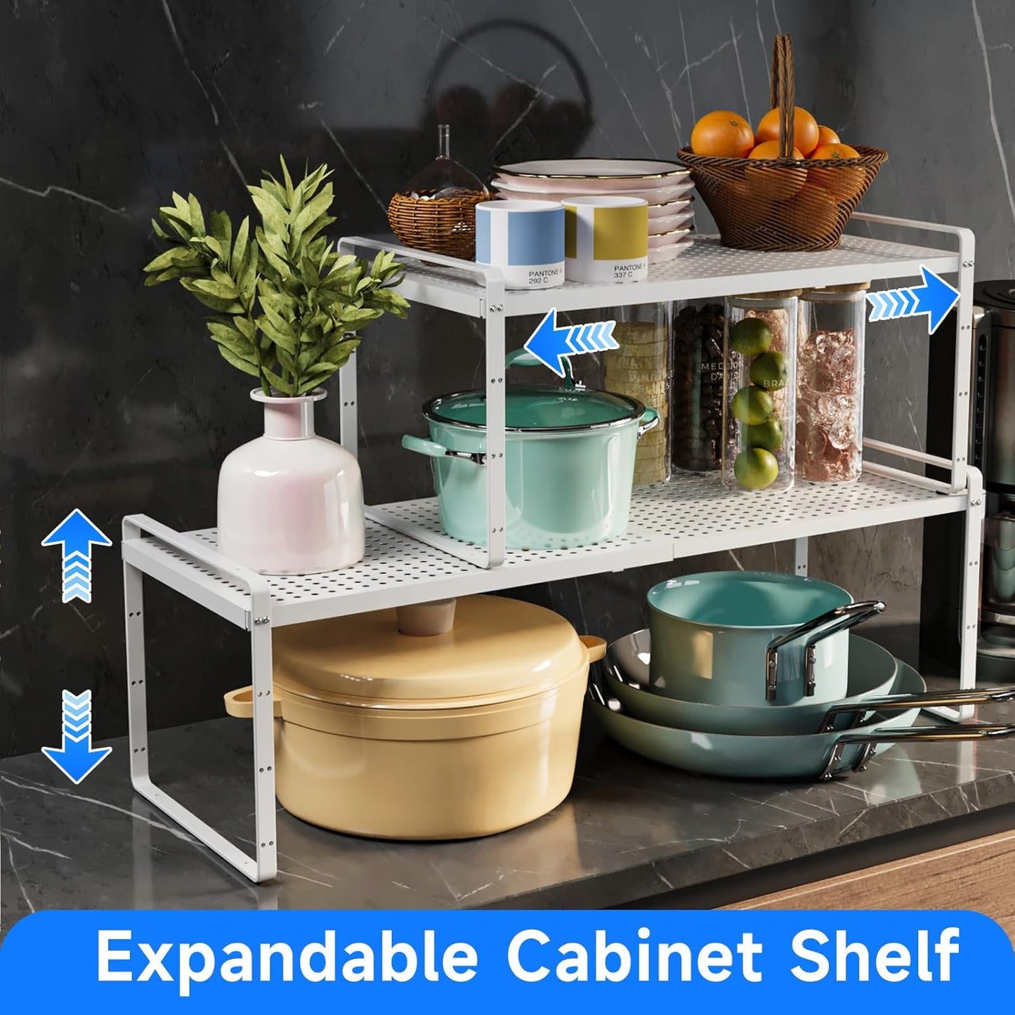 Expandable Cabinet Shelf Organizers, Kitchen Small Stand Rack Organization for Countertop Cupborad Pantry, White 3 Pack