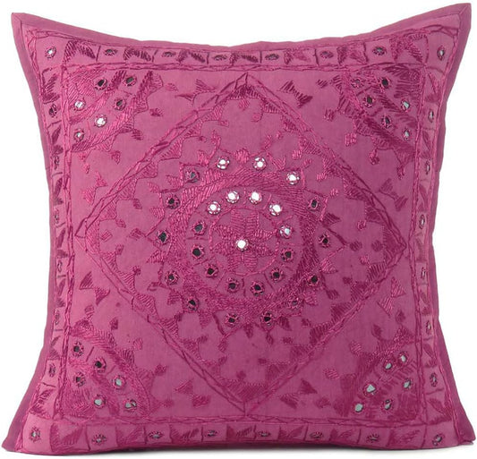 Eyes of India Embroidered Decorative Boho Throw Pillow Cover with Mirrors, Handmade Bohemian Accent Cushion Case for Sofa Couch Bedroom Living Room (Burgundy, 24" x 24")