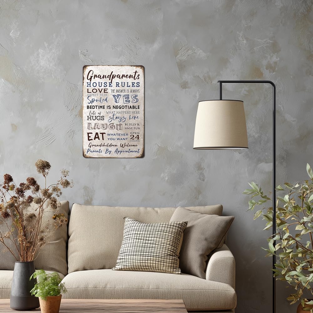 Heuhuww Grandparents Gifts-Vintage Grandparents House Rules Metal Sign for Grandma Grandpa from Grandkids Rustic Farm Home Kitchen Decor 12" x 8"(H19)