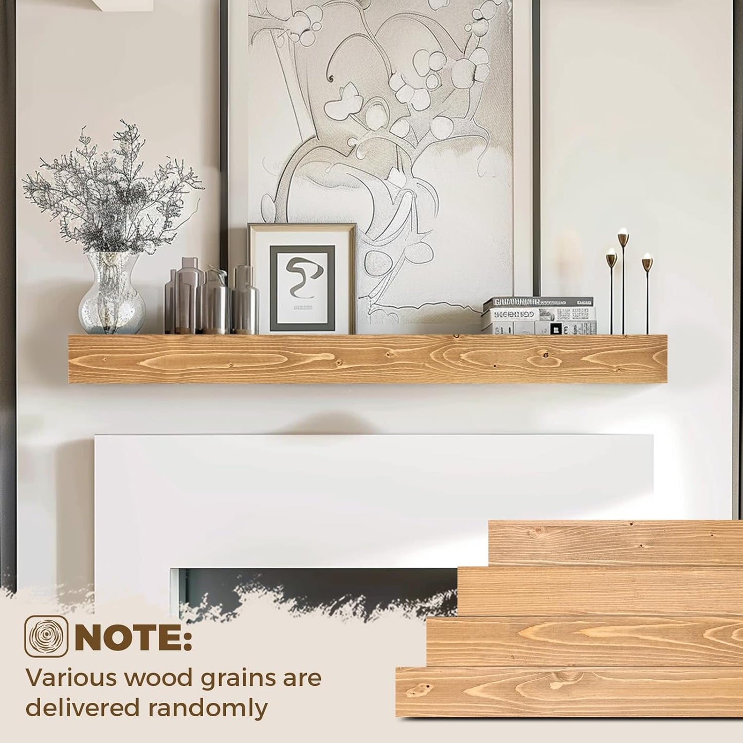 48x8x3 Fireplace Mantel - Handcrafted Hollow Rustic Solid Wood Wall Mounted Floating Shelf with Invisible Heavy Duty Wood Bracket (Natural Wood)