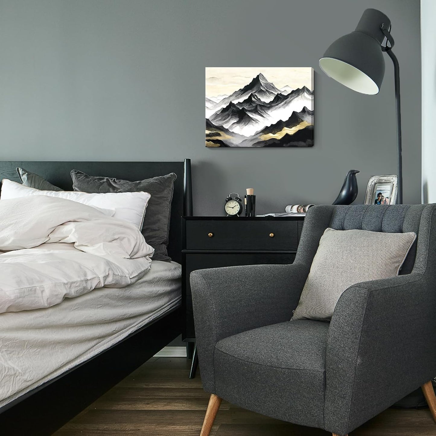 amatop Black and White Mountain Wall Art – Minimalist Modern Landscape Canvas Print Nature Scene Picture Bathroom Bedroom Office Wall Decor, Small Tranquil Misty Hills Zen Artwork for men, 16x12 Inch