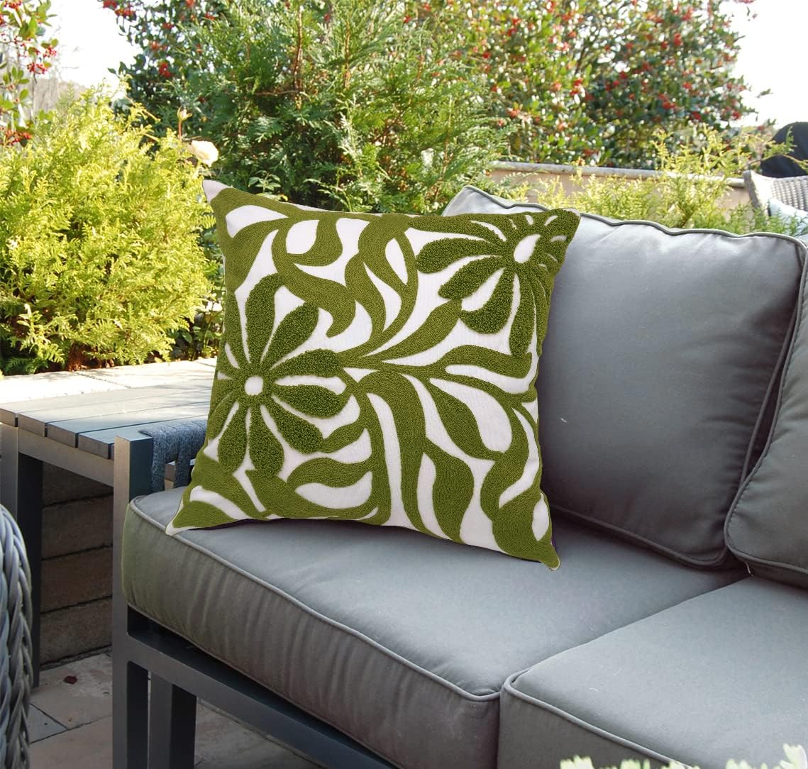 Alysheer Farmhouse Floral Leaves Embroidered Decorative Throw Pillow Cover 18x18 inches, Boho Tufted Flowers Embroidery Pattern Chic Cotton Cushion Case for Couch Bed Sofa Living Room(Olive Green)