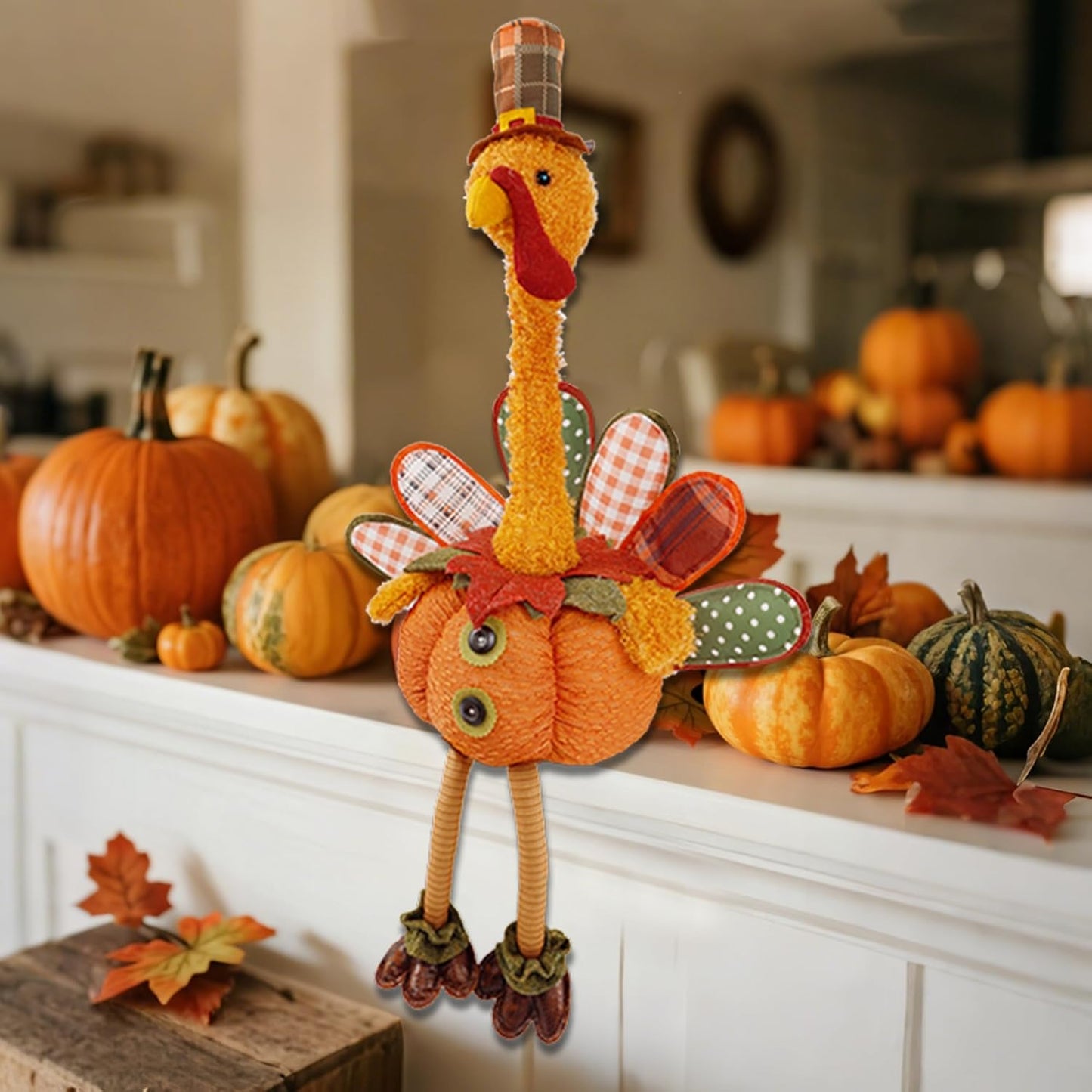 winemana Thanksgiving Decoration 31.5" x 18.5" Plush Turkey with Stretchable Head, Handmade Stuffed Sitting Turkeys Fall Decorations for Indoor Home Tabletop Party Autumn Decor (Cock)