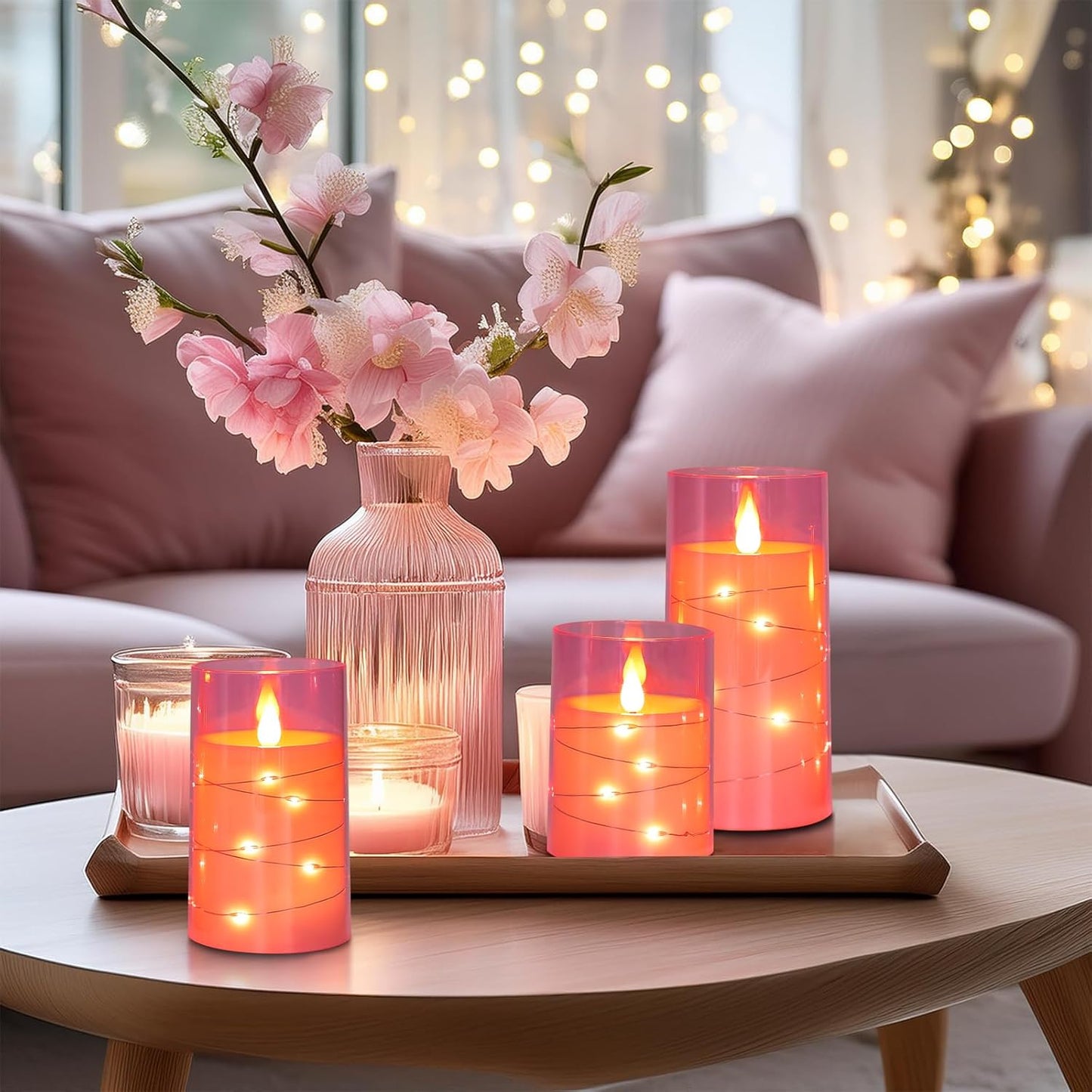 Aignis Flickering Flameless Candles Battery Operated Candles LED Candles with Remote Timer for Home/Wedding/Birthday/Holiday Decor, Cherry Blossom Pink 3D Flame Set of 3 (D3 xH4 5" 6")