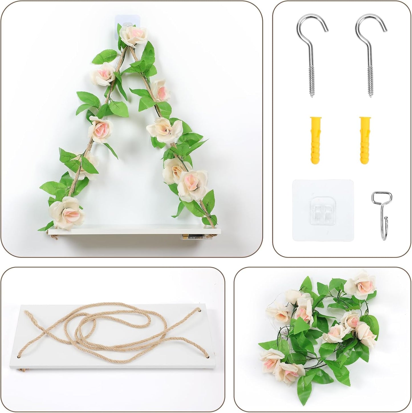 Floating Shelves for Wall,Plant Wall Decor,Hanging Shelf,Cottage Core Decor,Room Decor Aesthetic,Boho Room,Adhesive Shelves,Floating Shelves for No Drilling,Two-Piece Set(Champagne Flower)