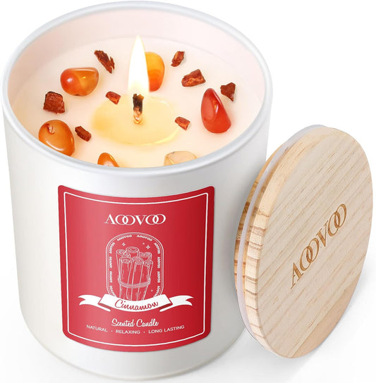 AOOVOO Cinnamon Scented Candles for Women - Aromatherapy Candle with Crystals Inside, 10oz Soy Candles for Home Scented, Birthday Gifts Candle for Women Mom