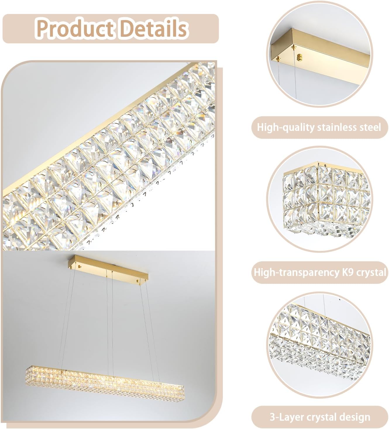 W48 Rectangular Gold Crystal Chandelier Modern Rectangle Pendant Ceiling Light Fixture for Living Room Dining Room Kitchen Island Bar