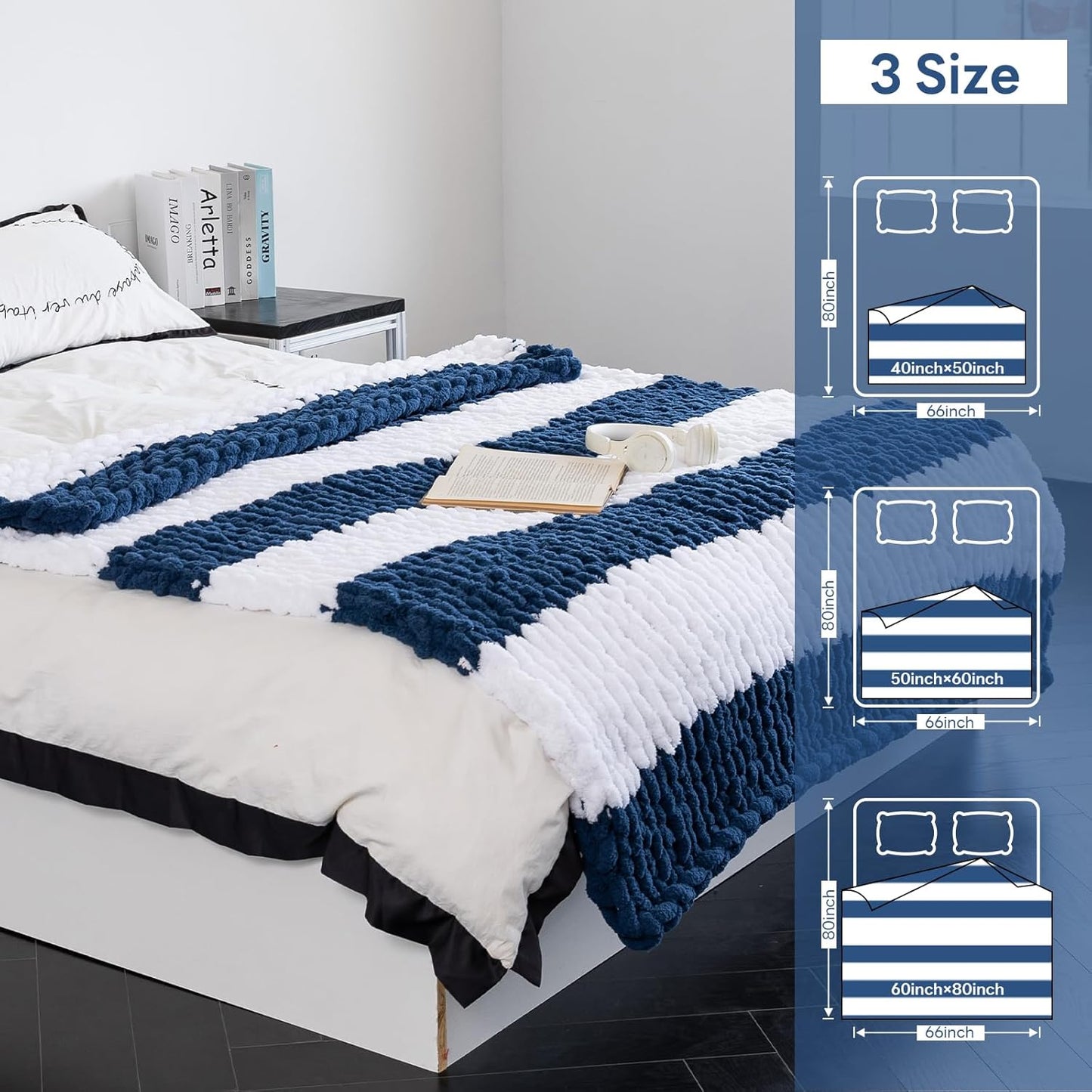 Chunky Knit Blanket - Luxury Soft Cozy 60 * 80 Throw Blanket,100% Woven Blanket Rope Knot Throw Blanket for Couch, Sofa, Home Decor, Gift - Machine Washable（White/Deep Blue）