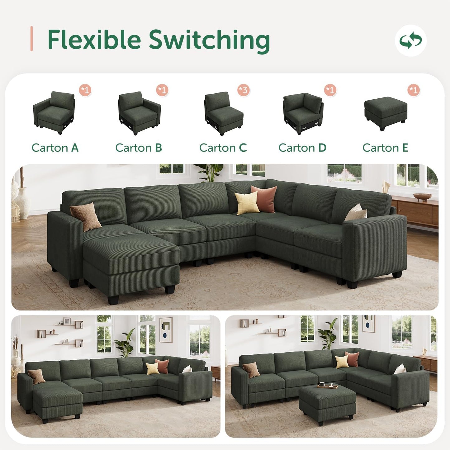 HONBAY Corduroy Sectional Sofa with Storage, U Shape Modular Sectional Sofa with Chaise, Modular Couches for Living Room, Green