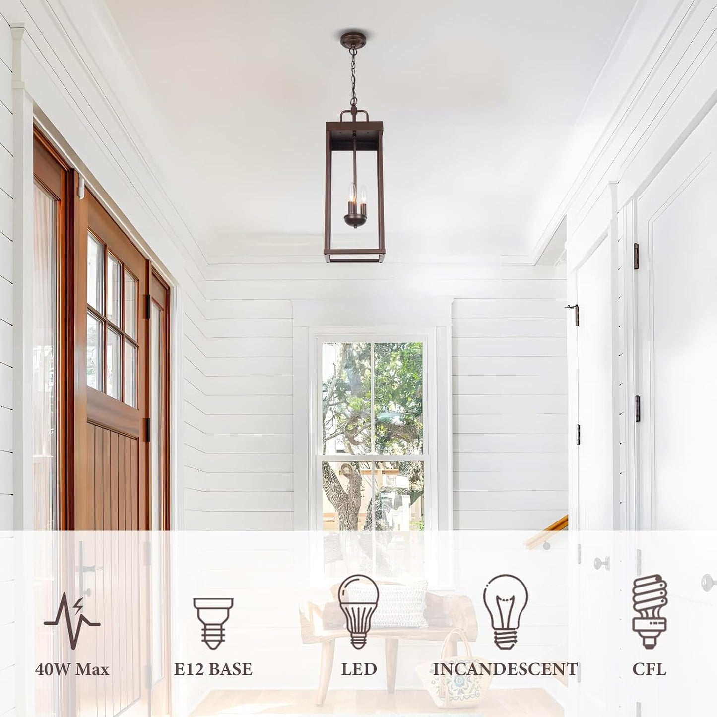 Large Outdoor Pendant Lantern Light Fixture for Front Porch, 24 Inch 3-Light Bronze Exterior Hanging Chandelier with Clear Glass, Outdoor Indoor Pendant Lamp for Patio, Gazebo, RZ008L-H ORB