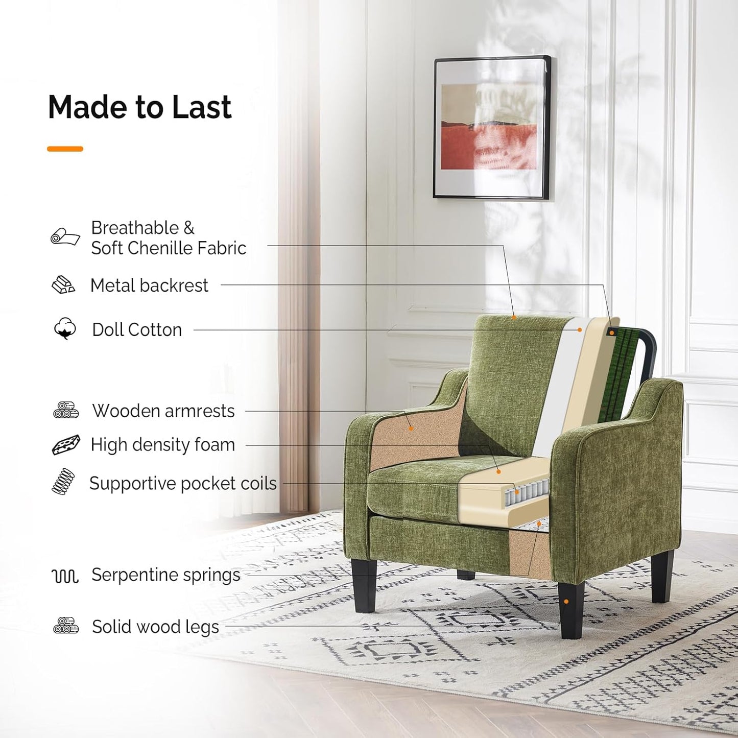 VINGLI Accent Chairs Set of 2 Living Room Chairs Olive Green Reading Chair for Bedroom Scooped Arm Chair Mid Century Modern Accent Chairs Upholstered Comfy Chair for Apartment, Waiting Room