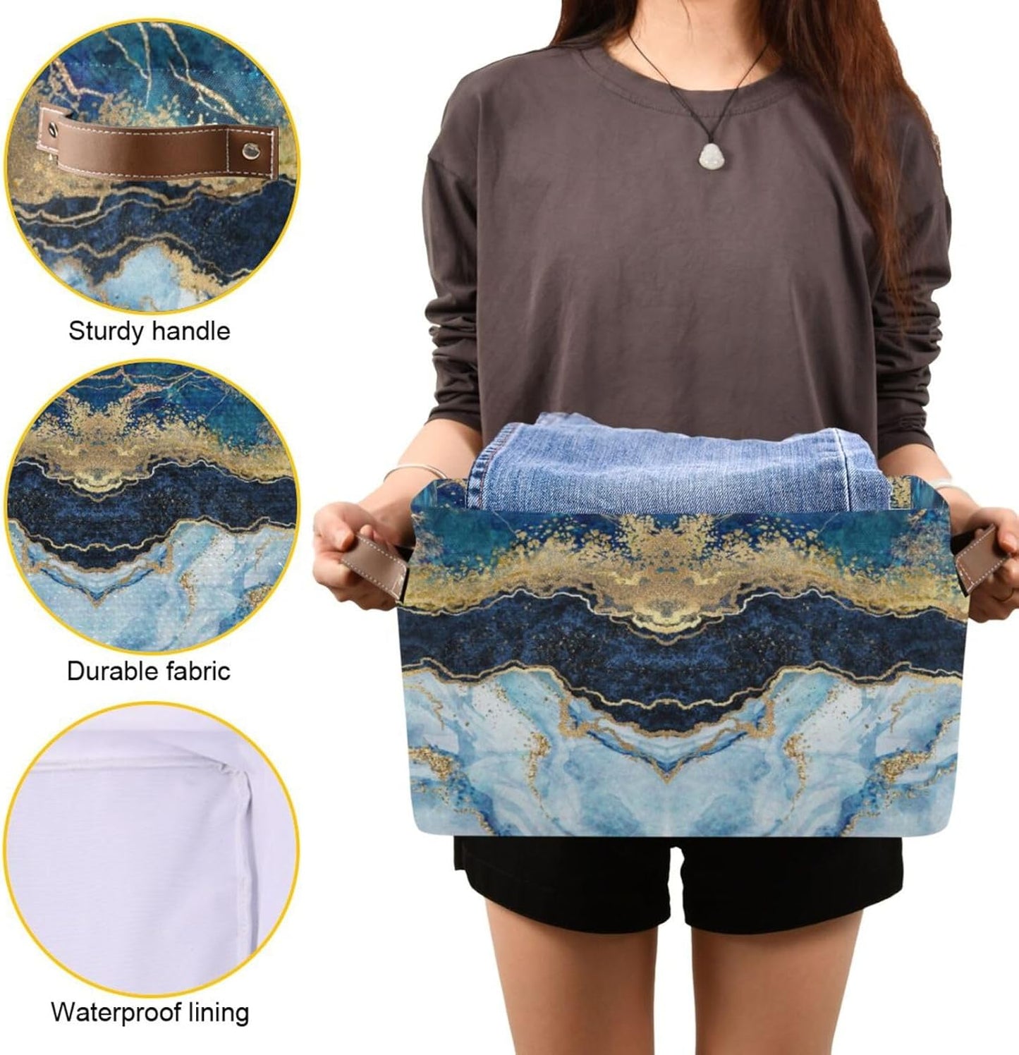 susiyo Storage Baskets for Shelves,Storage Bins for Organizing Shelf Nursery Toys, Decorative Linen Fabric Bins Cube with PU Handles 1 Pack，Blue Marble