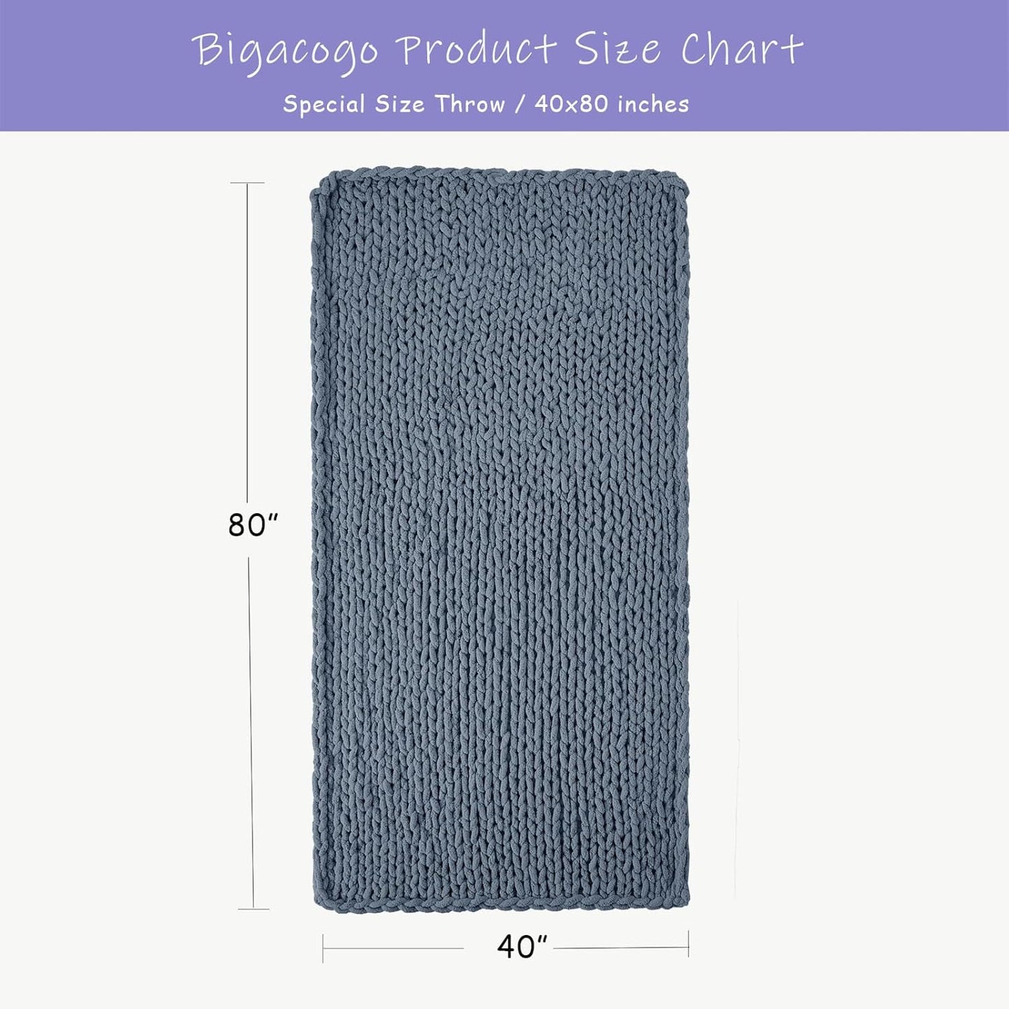 Bigacogo Chunky Knit Throw Blanket for Couch, 40x80 inches, 100% Hand Knitted with Thick Jumbo Chenille Yarn, Cozy Soft Large Rope Knot Cable Crochet Blankets for Sofa Bed Living Room, Cold Sea Blue