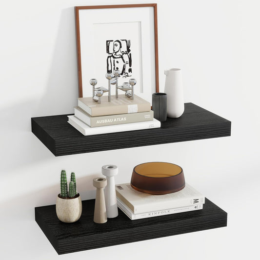 24 Inch Floating Shelves, 11.6 Inch Deep Floating Shelves for Wall, Floating Shelf with Invisible Brackets, Deep Shelves for Bathroom, Bedroom, Living Room, 2 Pack, Black
